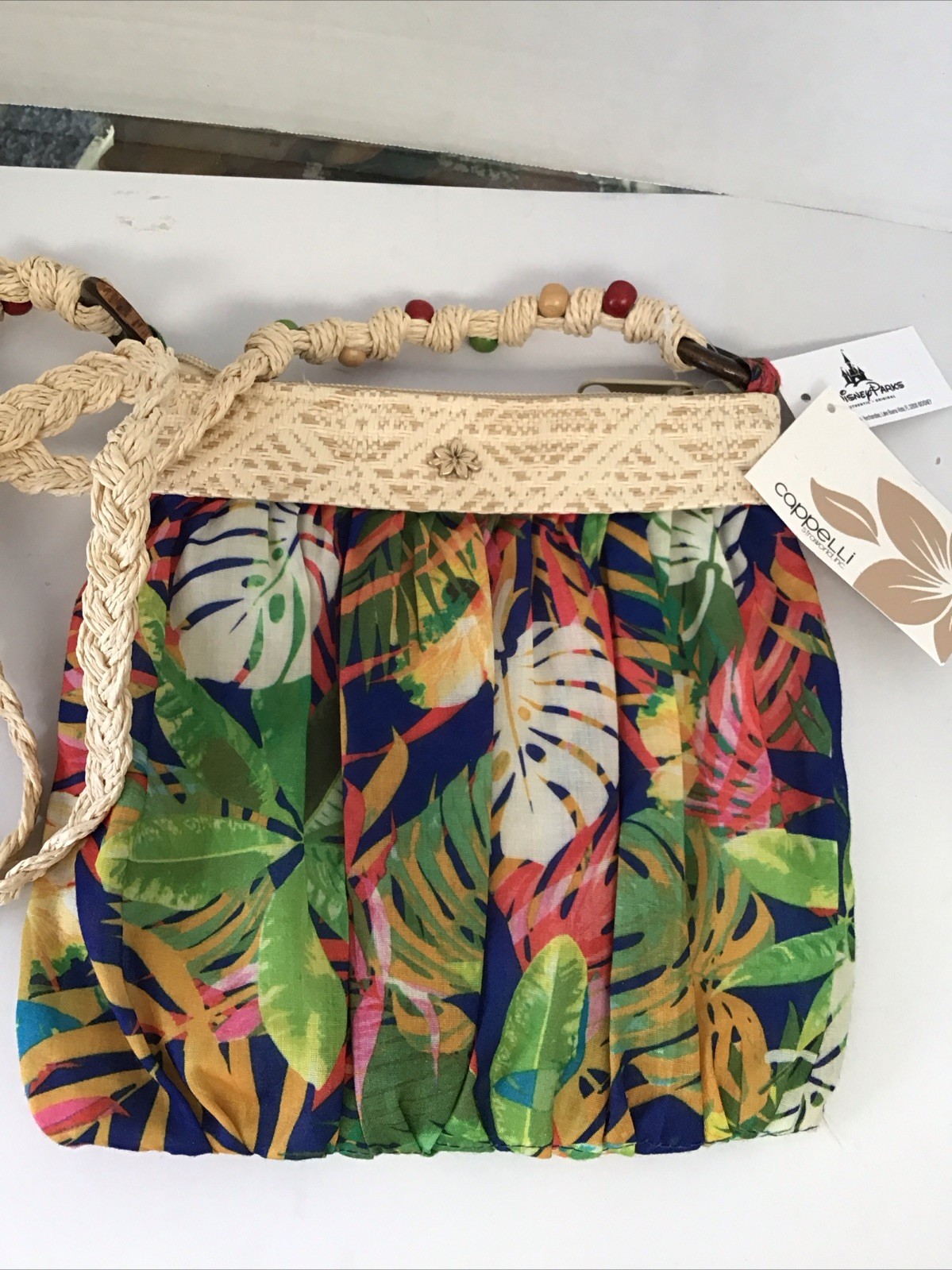 Cappelli Straworld Small Boho Zippered Beaded Fabric & Straw Crossbody Purse NWT