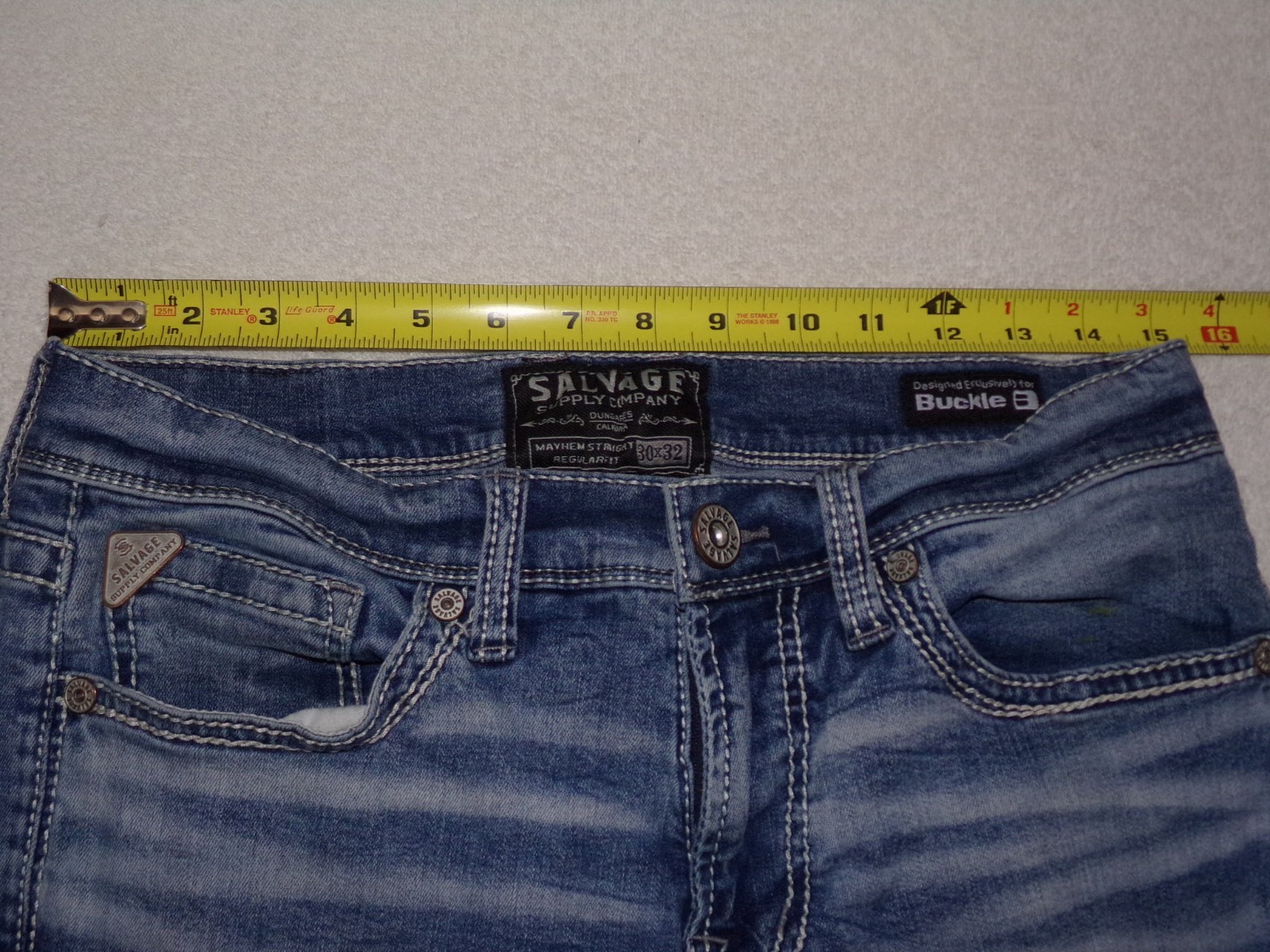 Salvage Supply Co Mayhem Straight Jeans Mens 30×32 Buckle Blue Distressed Denim