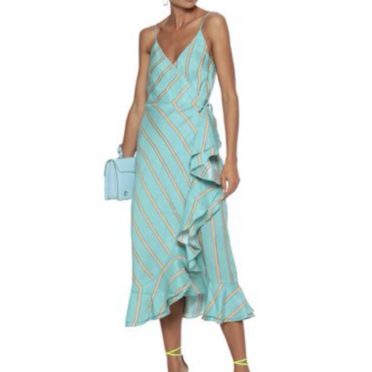 PAPER LONDON NWT Peonie Ruffled Striped Linen Rayon Midi Wrap Dress Blue Size 4