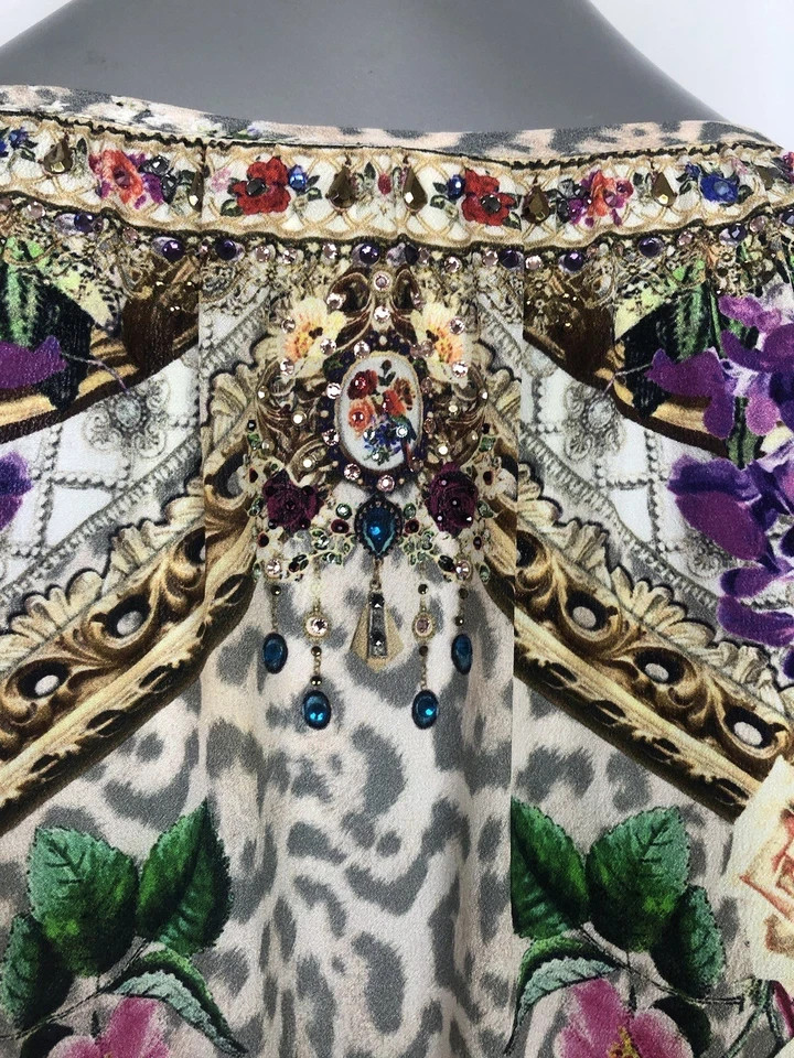 Camilla M/L 12 LEOS BOUQUET A-Line Gathered Panel Dress Short Silk Crystals $699