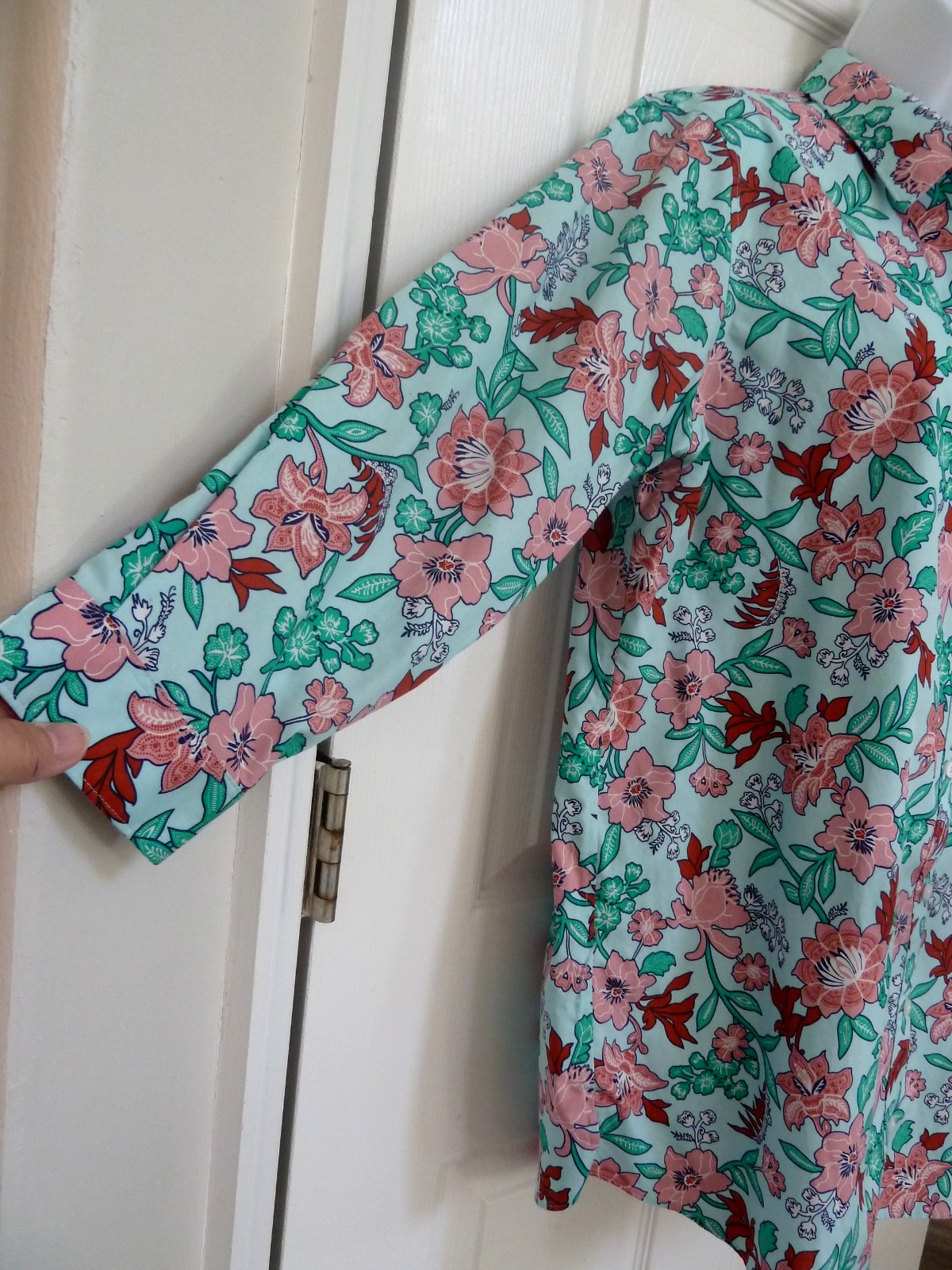 LANDS’ END Sz 12 No Iron Supima Cotton Tunic Blouse Floral Colorful 3/4 Sleeve