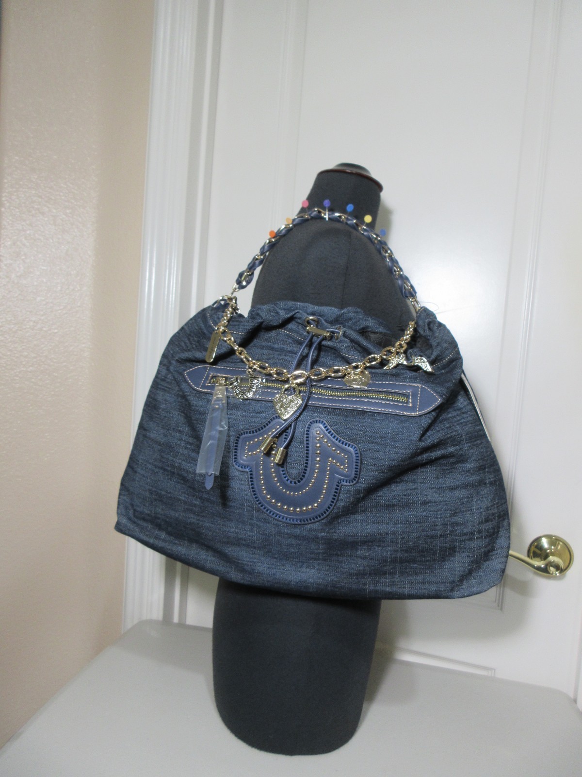 NEW TRUE RELIGION BLUE DENIM HORSESHOE CHAIN DANGLE LARGE SHOULDER BAG