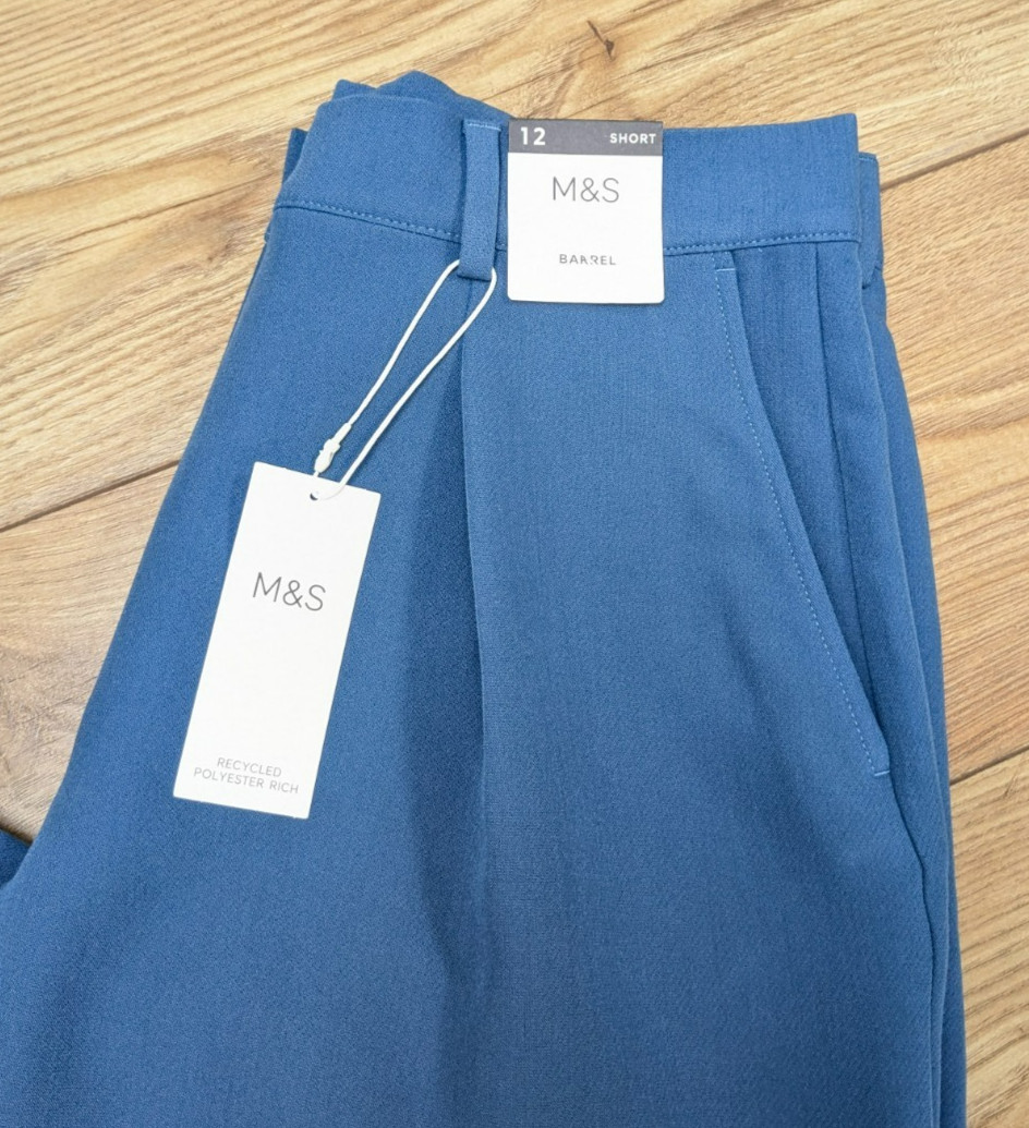 BNWT M&S BLUE Barrel Leg High Waist Pleated Smart TROUSERS UK 16 regular