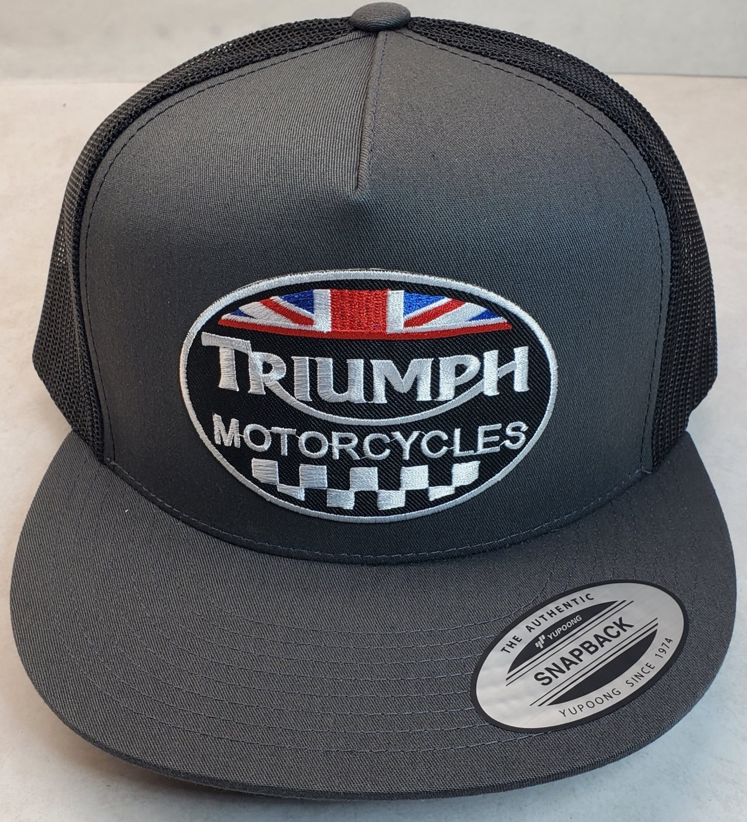 Triumph Motorcycles Embroidered Patch Trucker Hat/YP Classics 6006 Charc/Black