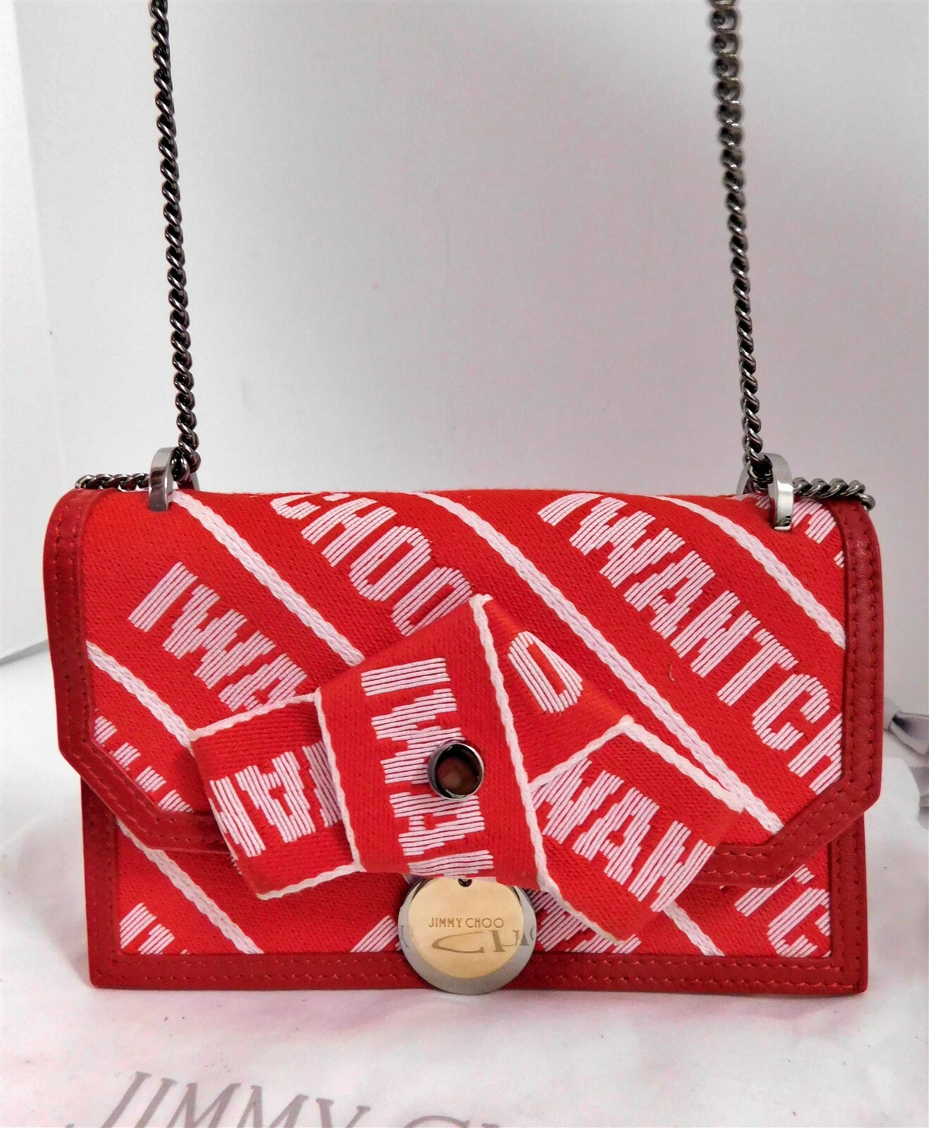 New Jimmy Choo Finley Red logo Chain Shoulder Crossbody Bag Italy