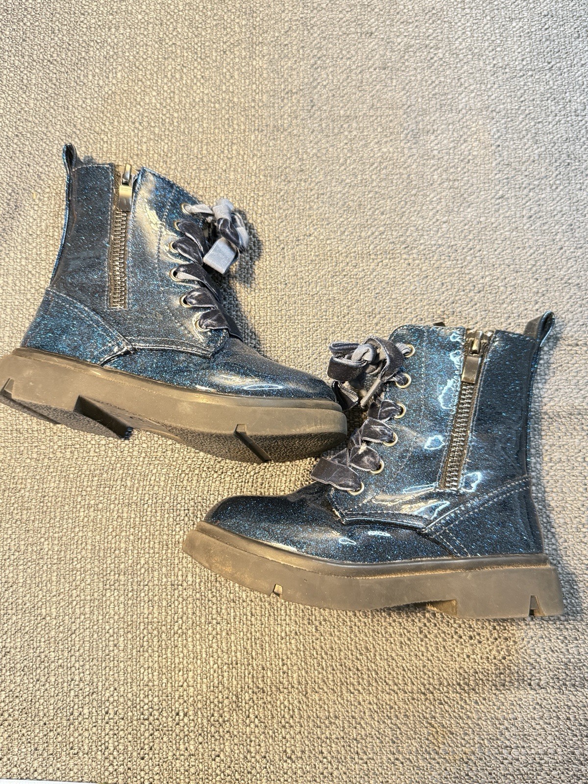 Girls Blue Glitter Ankle Bootie w/ Side Zip, Bow Accent, Round Toe, US 9.5