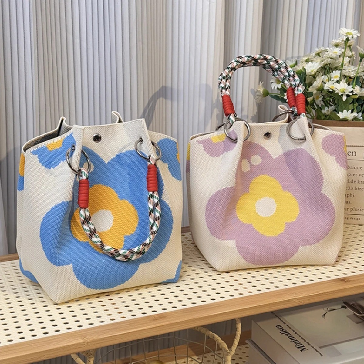 Multi-color Knitted Retro Bucket Handbag – Simple Color-block Versatile Bag