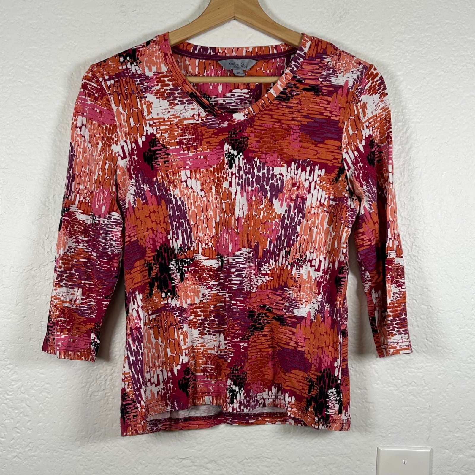 VTG Amber Sun V-Neck Top Orange Pink Abstract 3/4 Sleeve Size SP