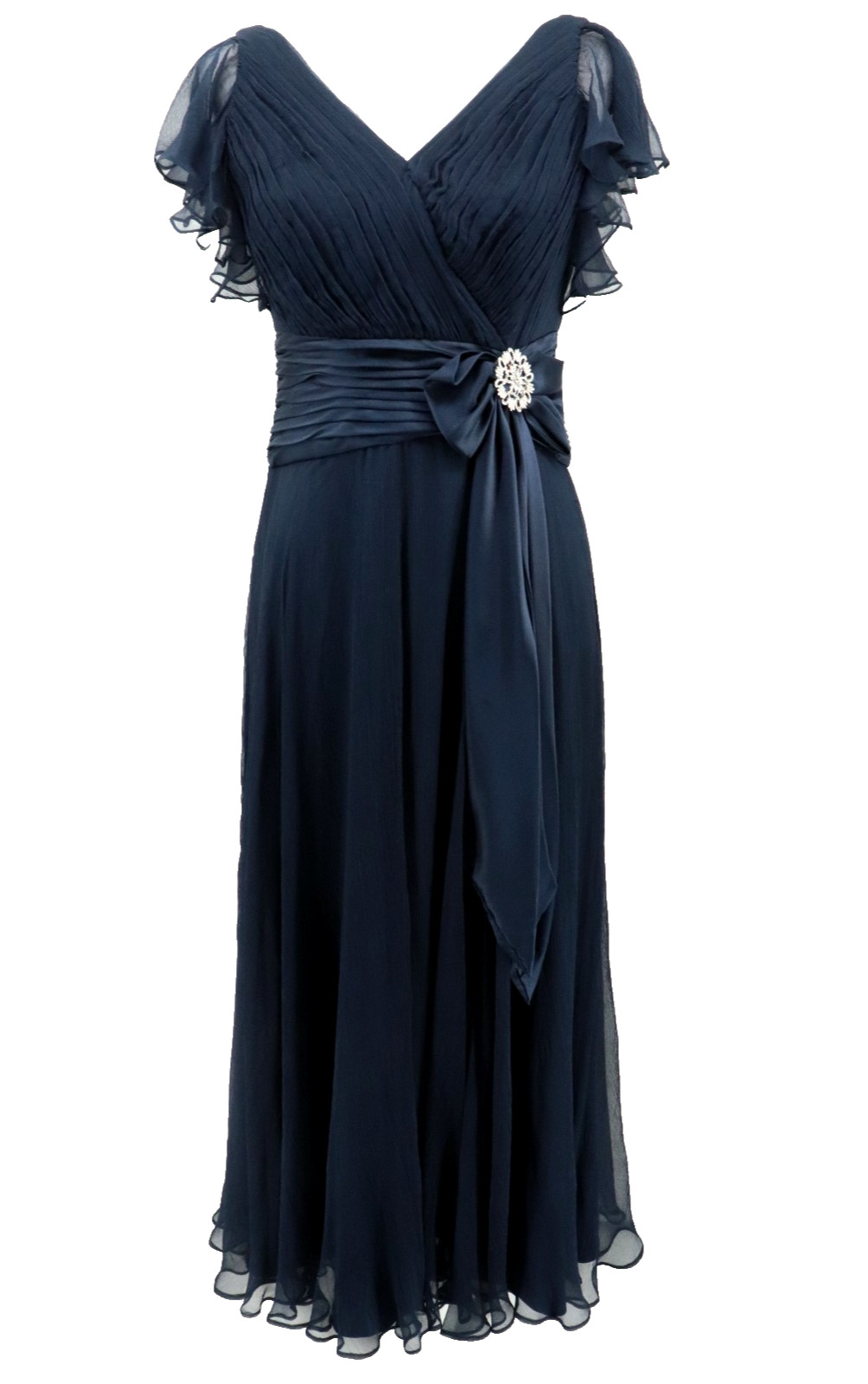 Tadashi Shoji Silk Maxi Dress Womens Size 10P Navy Blue Rhinestones Formal Event
