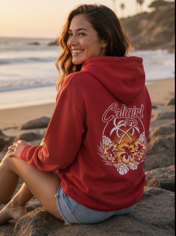 CaliGirl Unisex Red California Beach Graphic Hoodie Pullover Sweatshirt Size S
