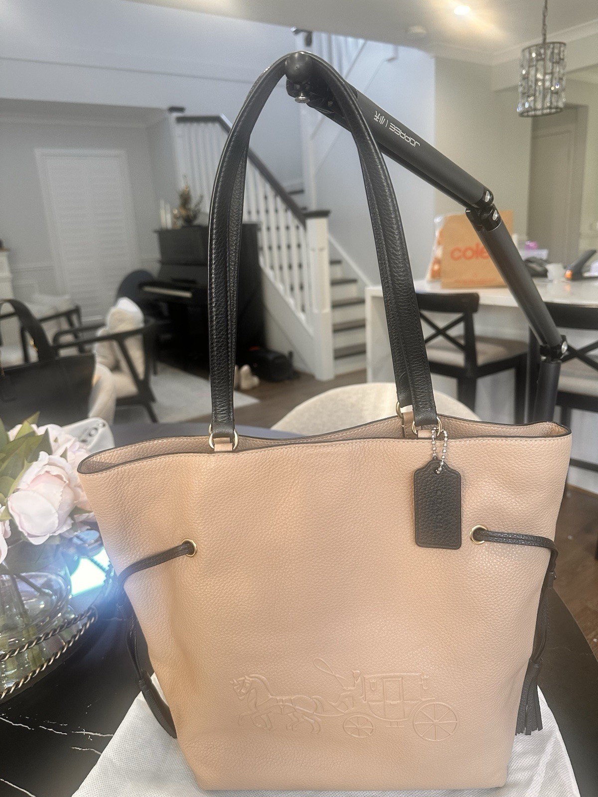 COACH Auth Andy Horse & Carriage Leather Tote Bag Beige Taupe Casual Authentic