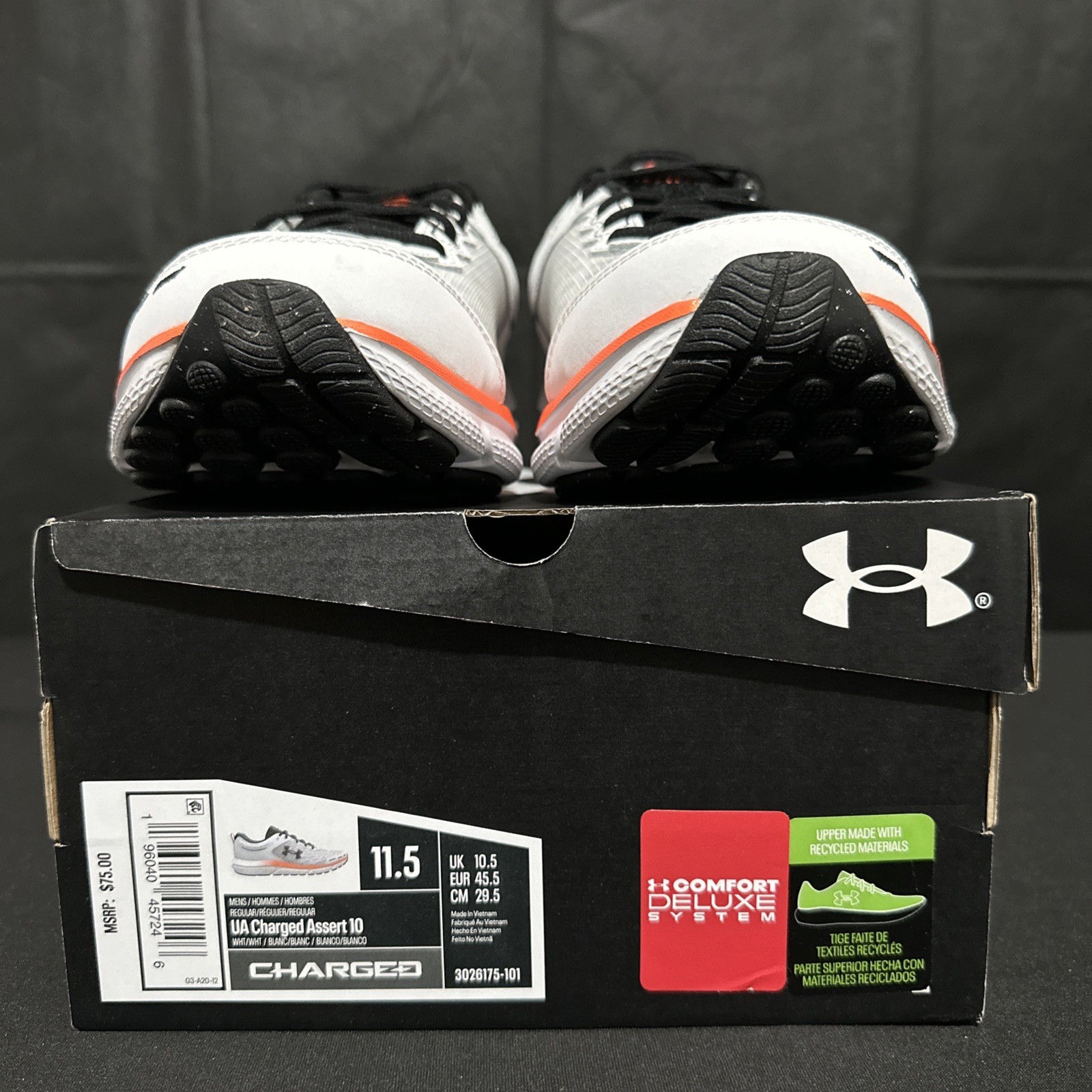 Under Armour Charged Assert 10 White Black Orange 3026175-101 Men’s Size 11.5