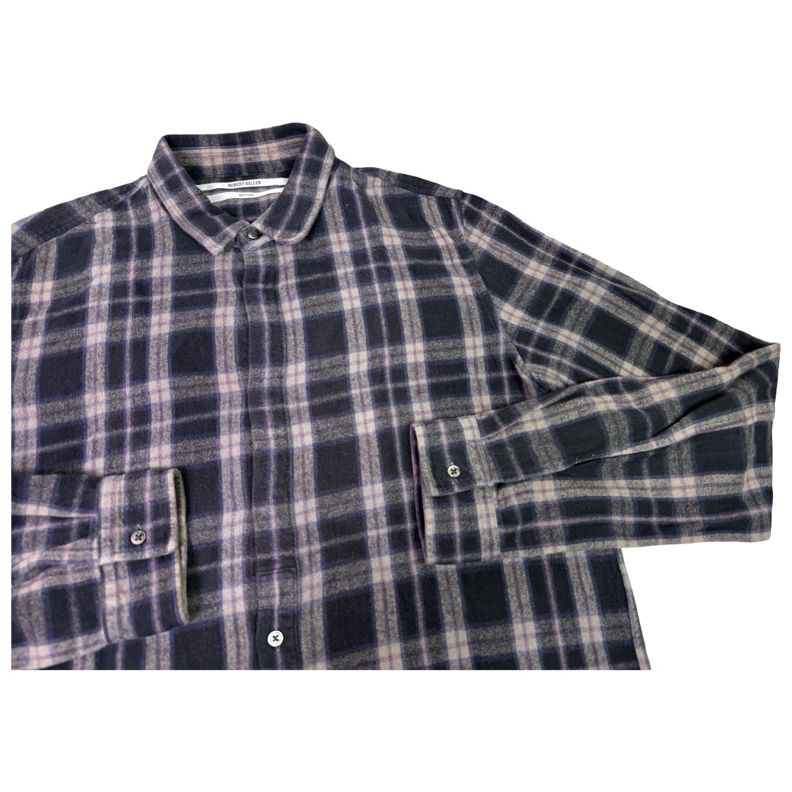 Robert Geller Shirt Men’s 52 Black Purple Plaid Lightweight Flannel Long Front