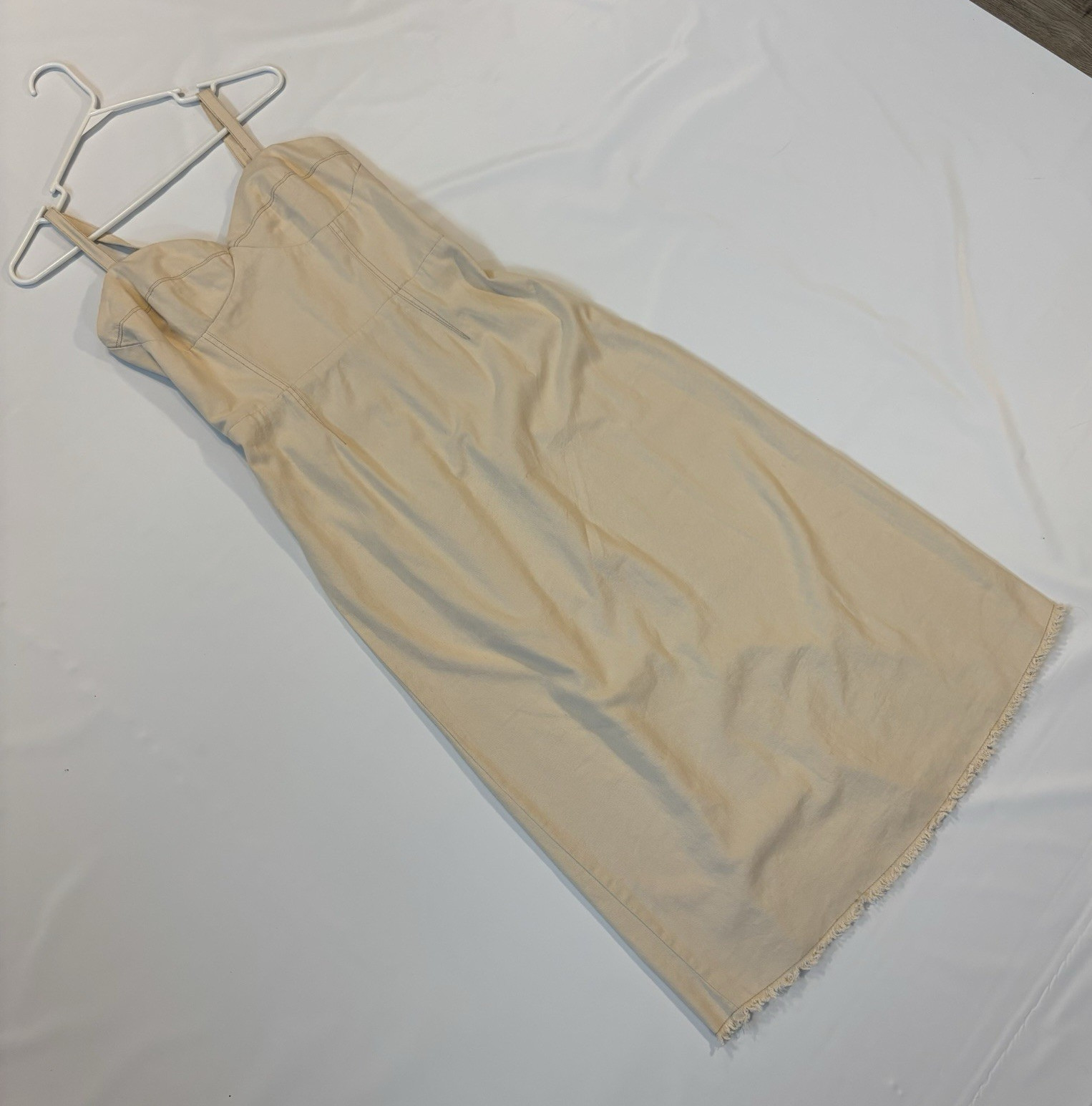 Sincerely Jules Beige Cotton Twill Midi Sheath Dress Fringe Sweetheart L D-137