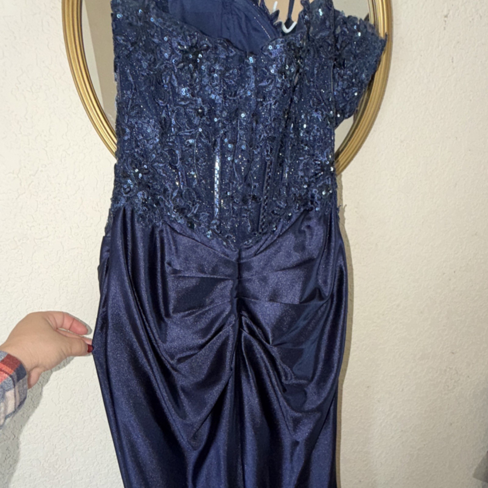 Ladivine by Cinderella Divine Navy Blue Sequined Formal Gown