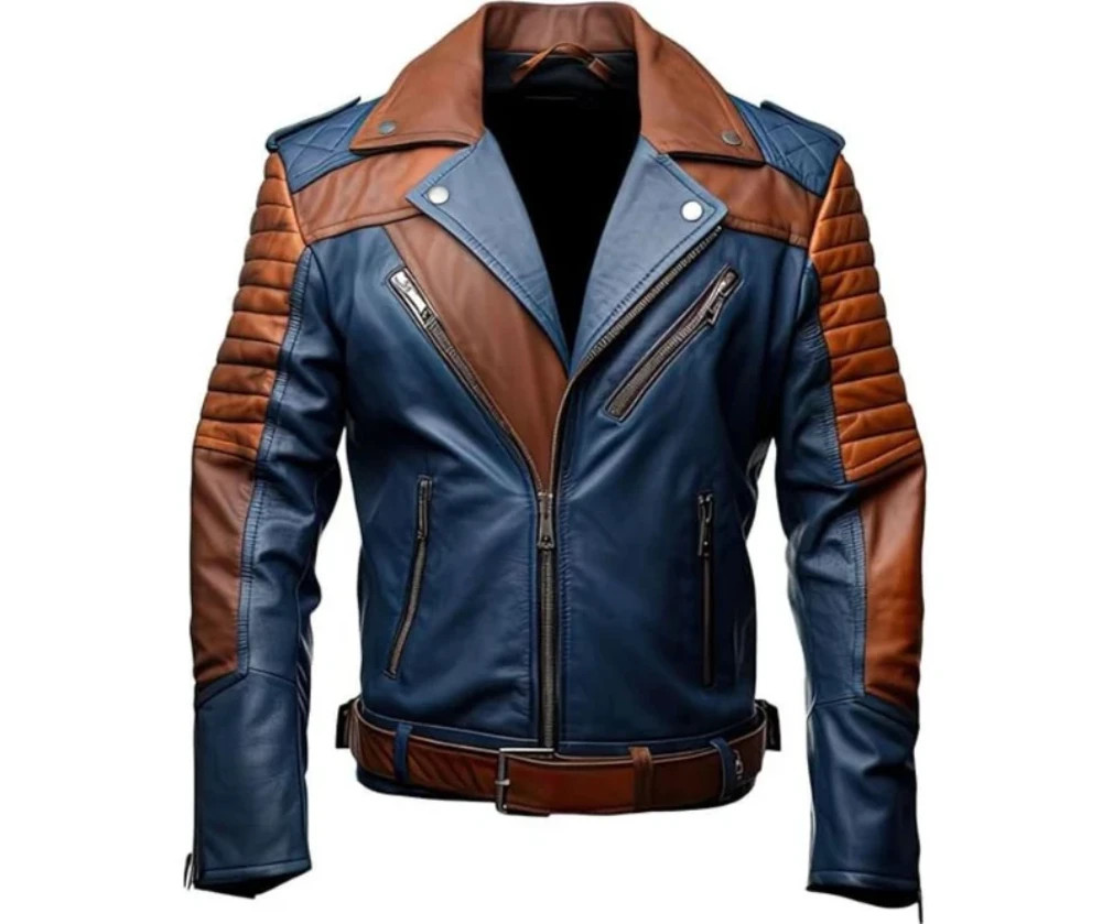 Mens Blue and Brown Leather Jacket – All SIzes Available