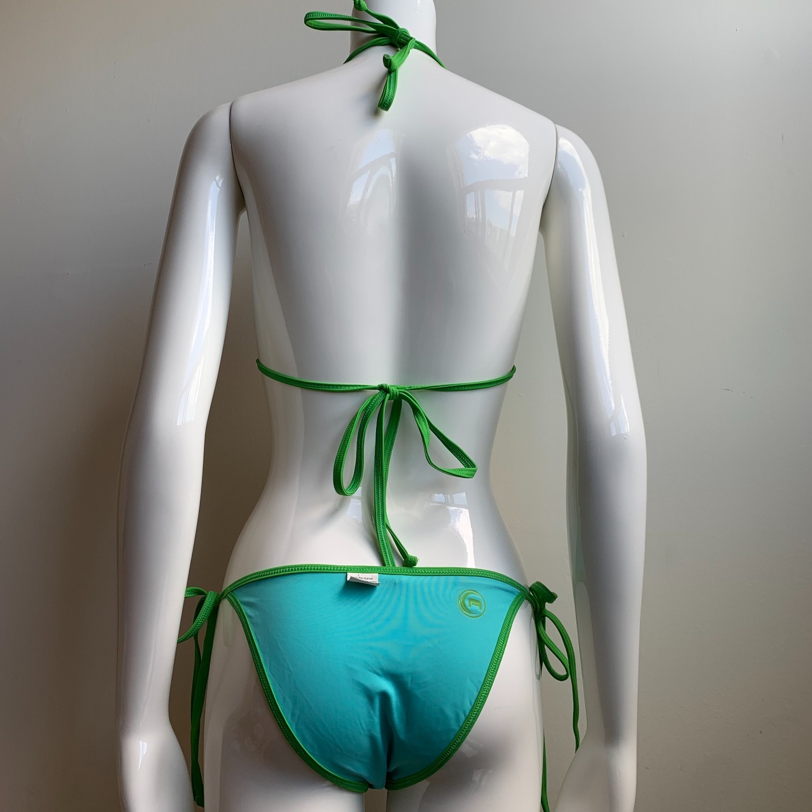 Aaron Chang Vintage Green reversible aqua triangle top tie side Bikini XS