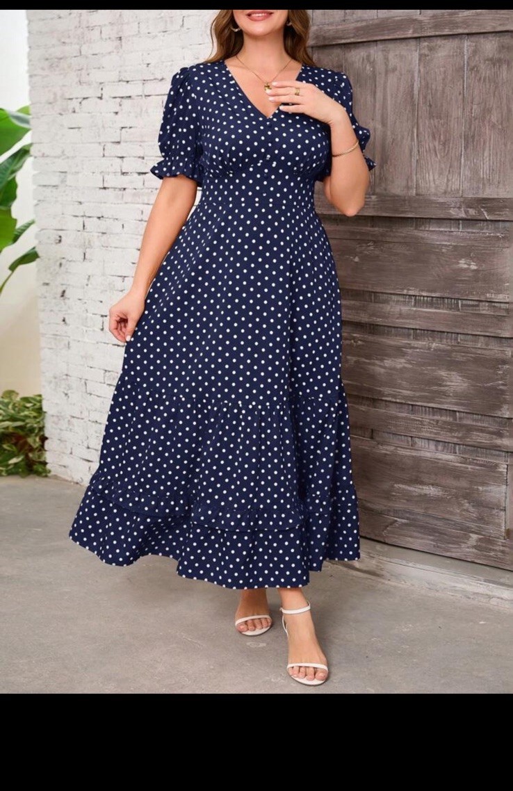 NWT clasi brand Blue White Dot A-Line Dress V-Neck Puff Shortslv Ruffle maxi 3xl
