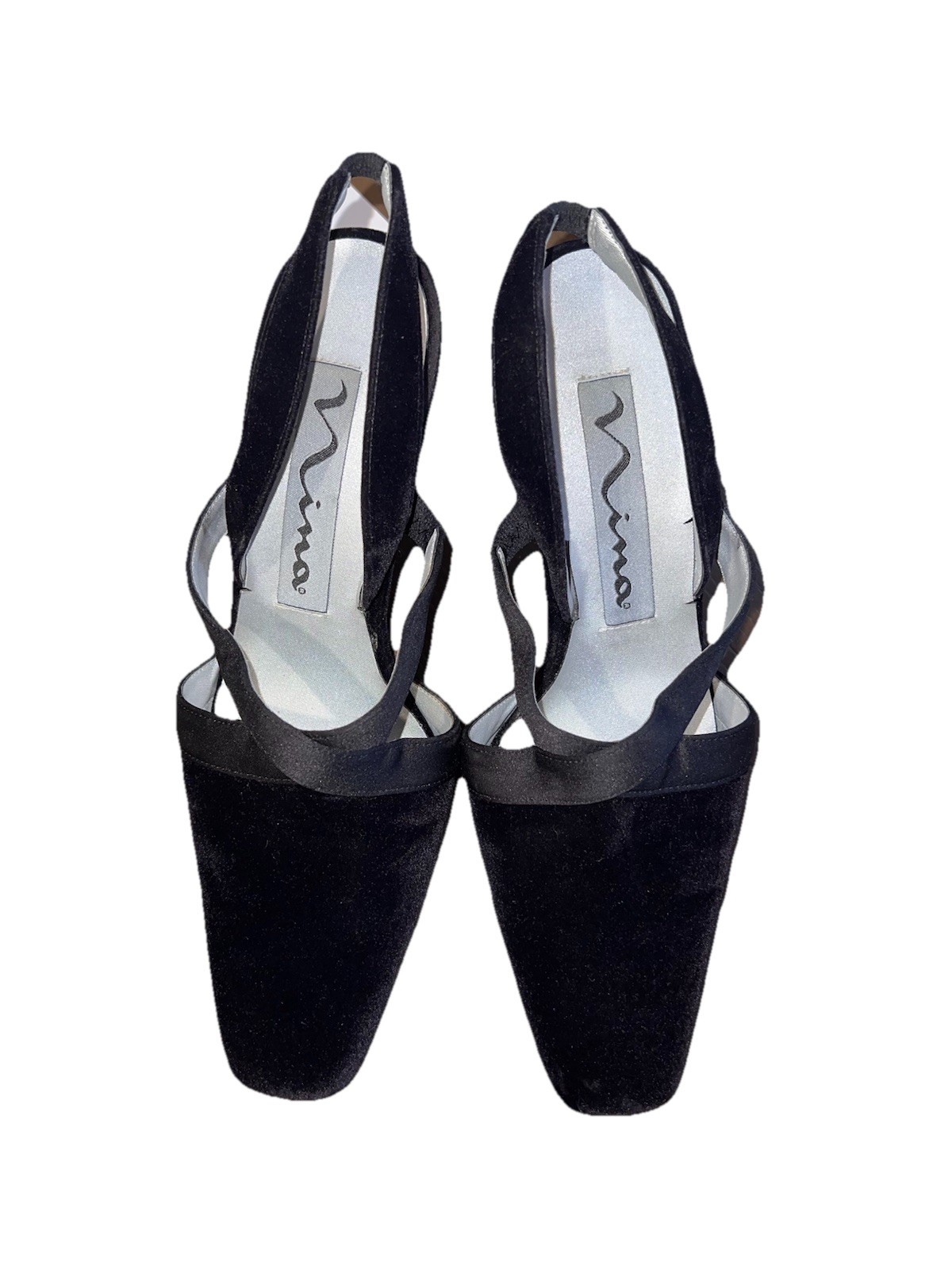 Nina Black Leather Pointed Toe Slingback Block Heel Pumps Straps Women 6M