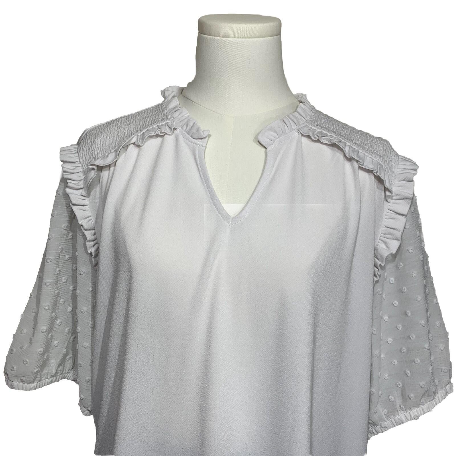 CeCe Blouse Womens XL White Swiss Dot Puff Sleeve Ruffle Smocked Mixed Media