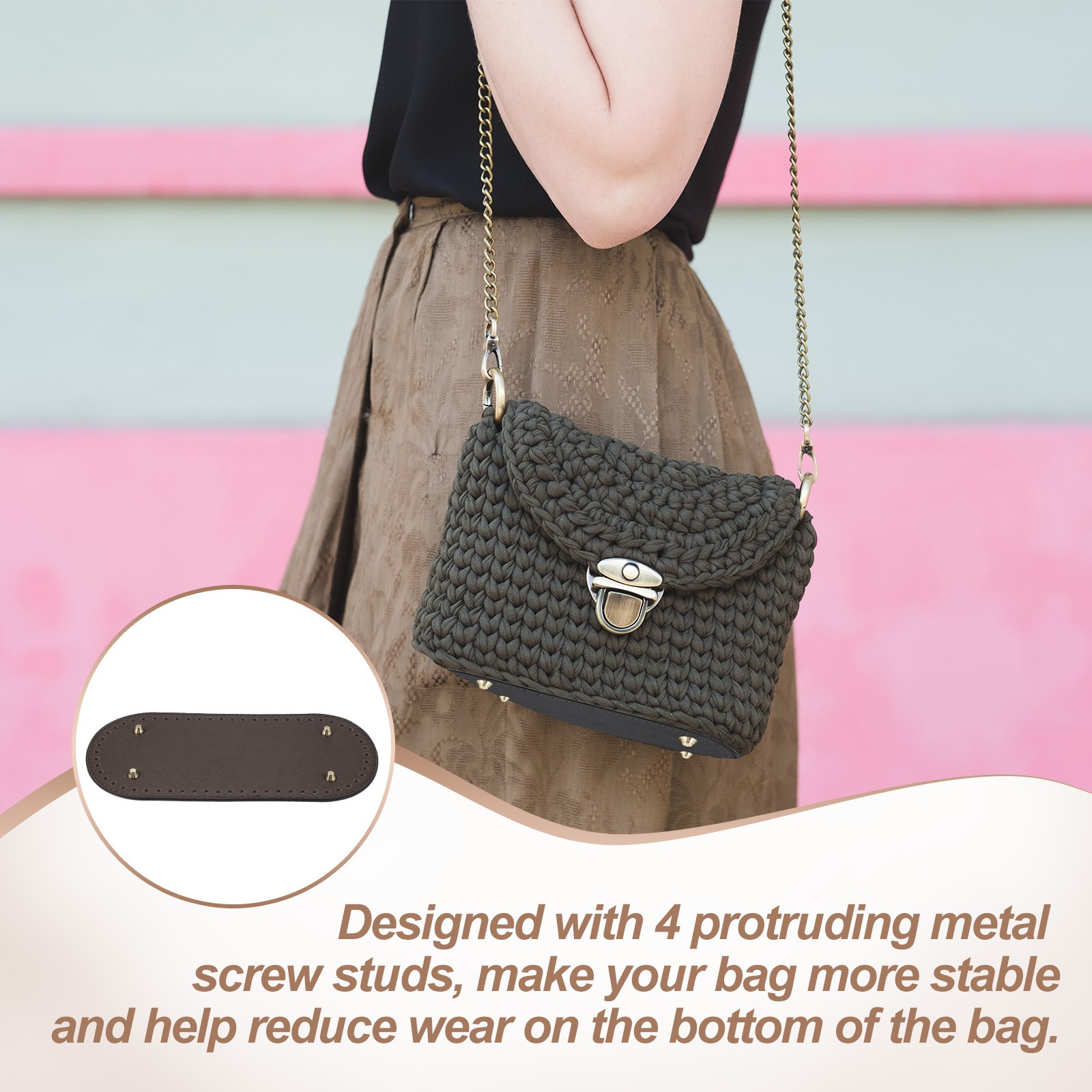 2Pcs Oval PU Leather Bag Bottom Shaper with Holes & Nail 9.8×4.7 Inch Dark Brown