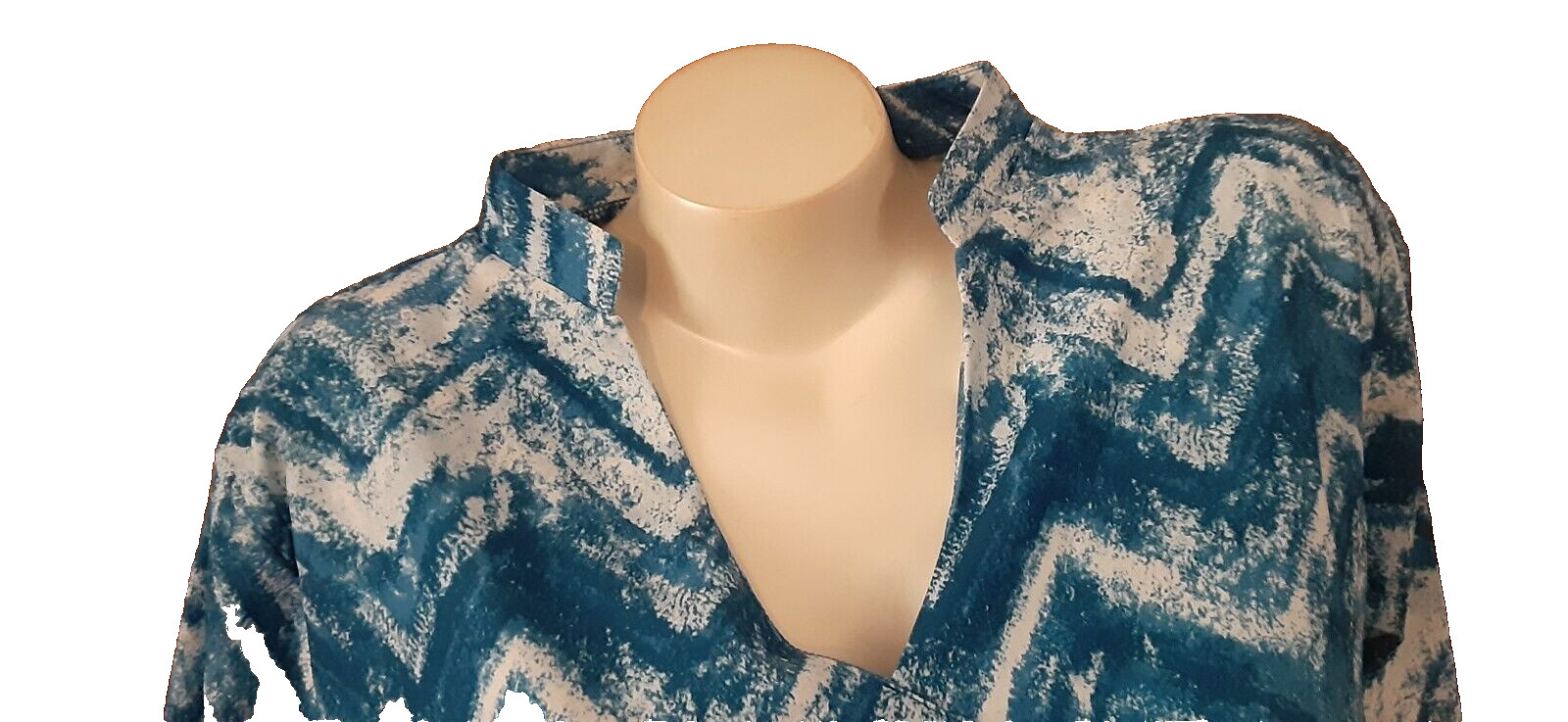 Sheila Rose Blouse Blue White Bracelet Sleeves Mock Collar Misses Size L NWT