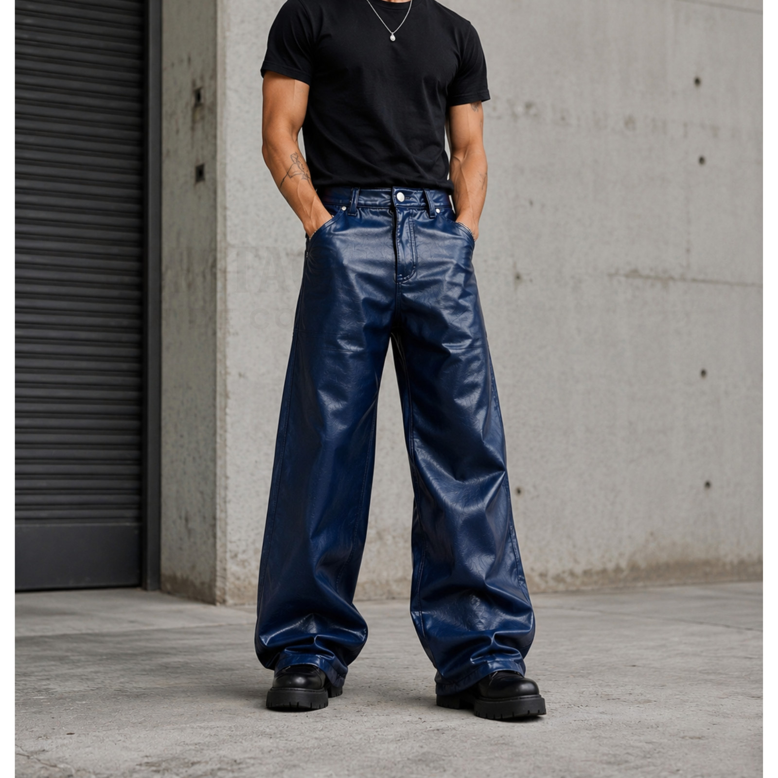 Men’s Burgundy Genuine Leather Wide Leg Pants – High Waist Flared Trousers