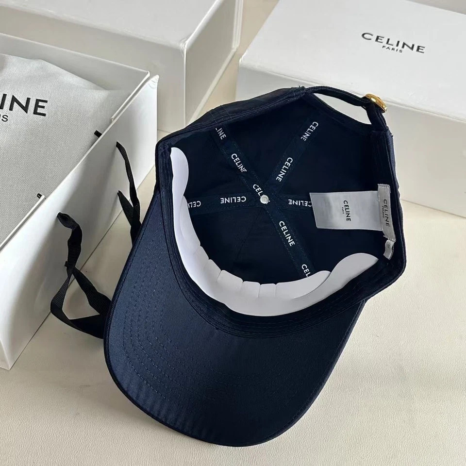 CELINE Navy Blue Cotton Baseball Cap White Logo Unisex Adjustable Luxury Hat
