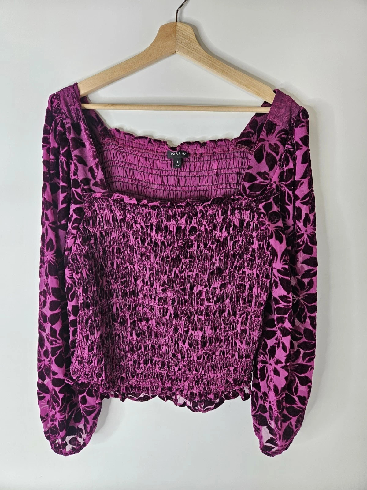 Torrid Velvet Blouse Womens 1X Smocked Bodice Long Sleeve Stretch Holiday Top