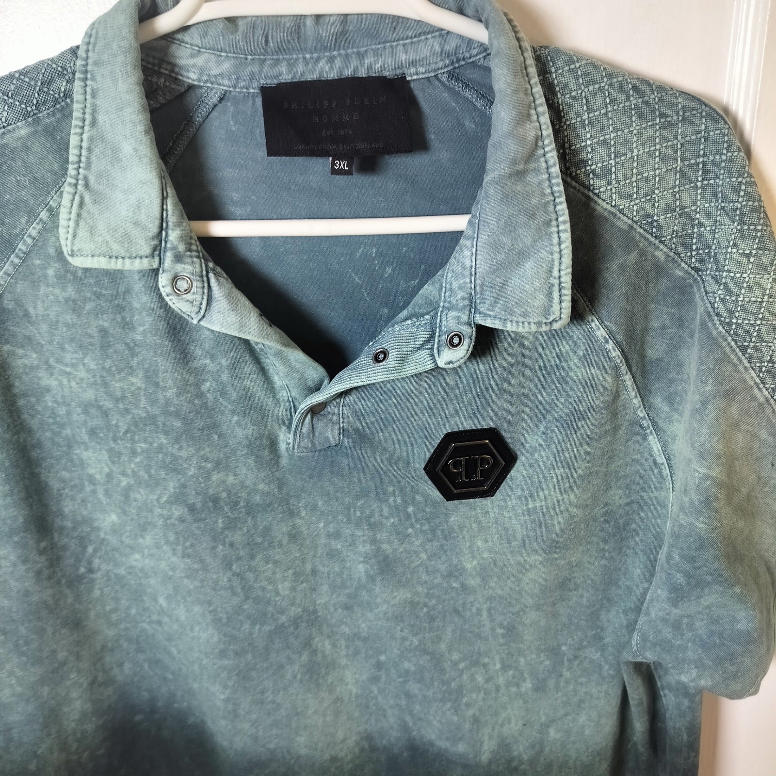Philipp Plein Homme Mens 3XL Ombre Acid Wash Polo Shirt Teal Green Quilted Logo