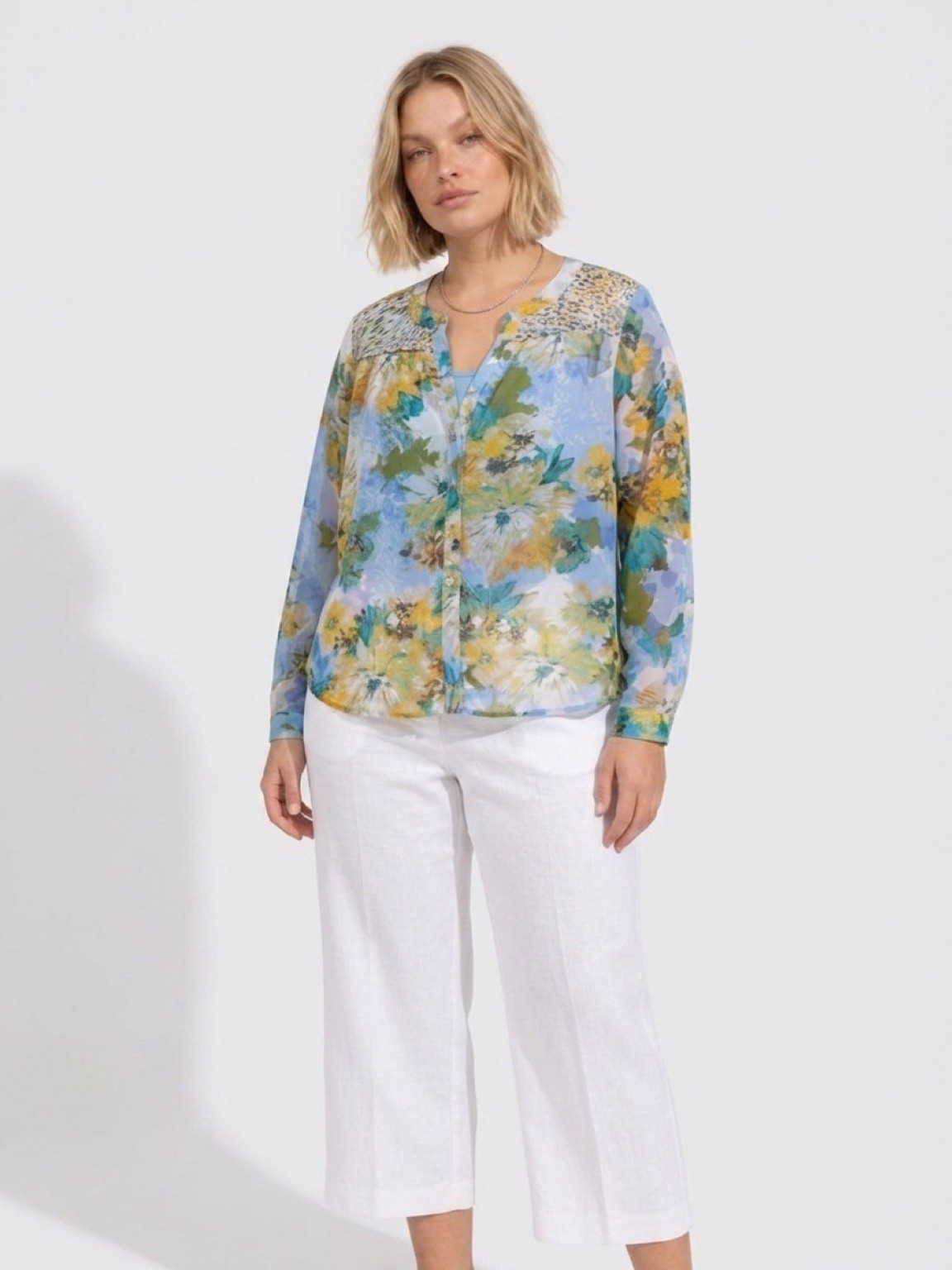 Fig and Flower Floral Print Sheer Blouse Roll Tab Sleeve Shell Buttons 2X