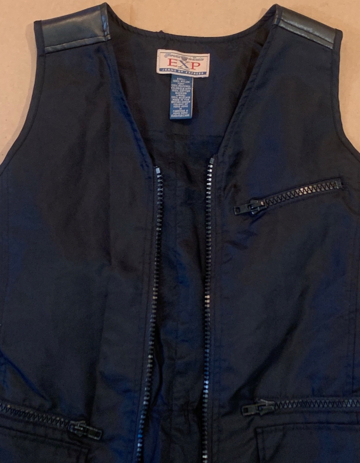 EXP JEANS By Express Black Moto Nylon Faux Leather Vest Vintage Size M FREE SHIP
