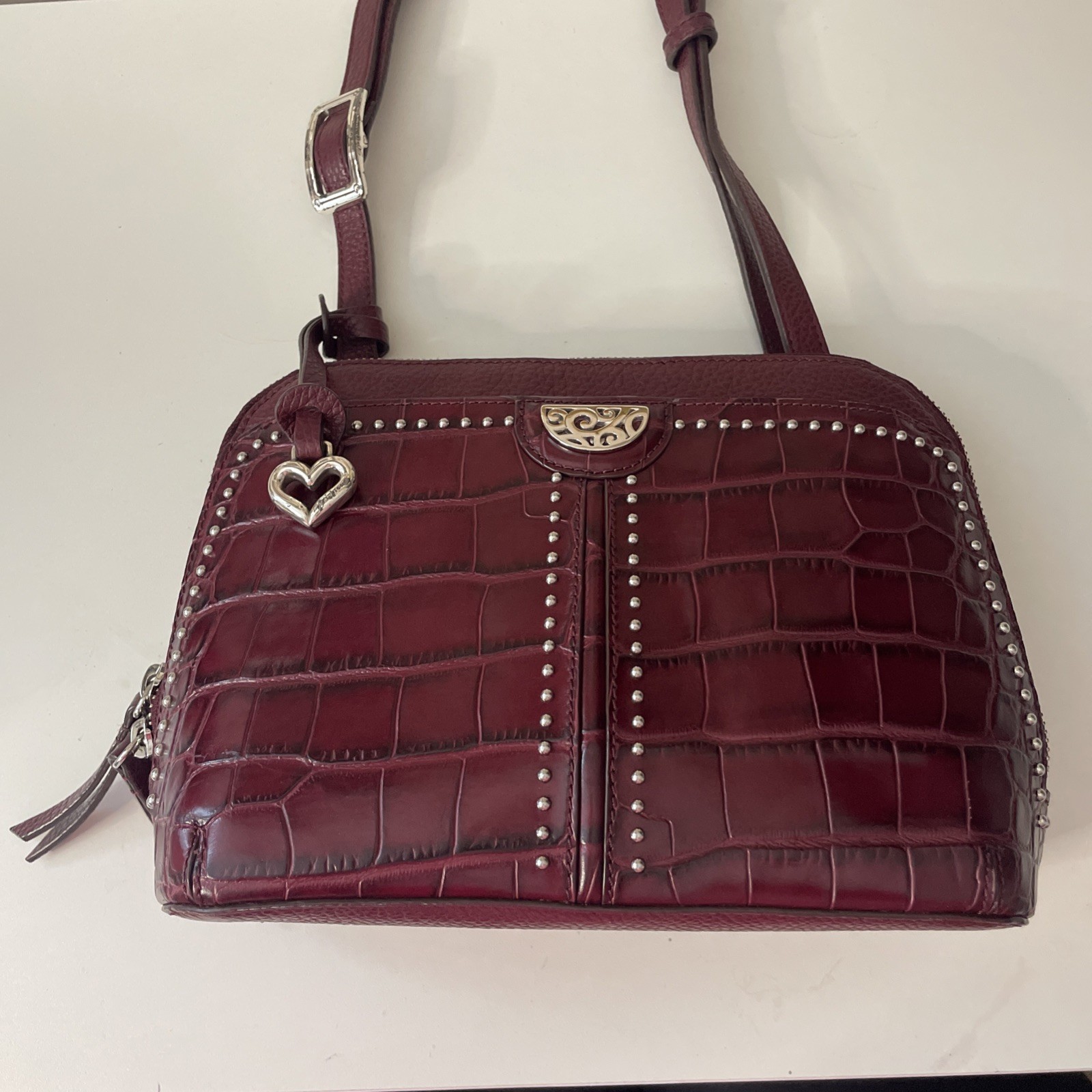 Stunning BRIGHTON Pretty Tough Studded Jojo Bag In Berry Croc Embossed Leather