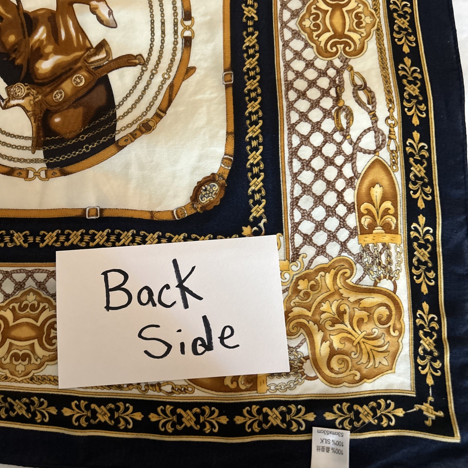Scarf 100% Silk Gold Navy Blue And Beige Equestrian Scarf 20 Inches By 20 Inches