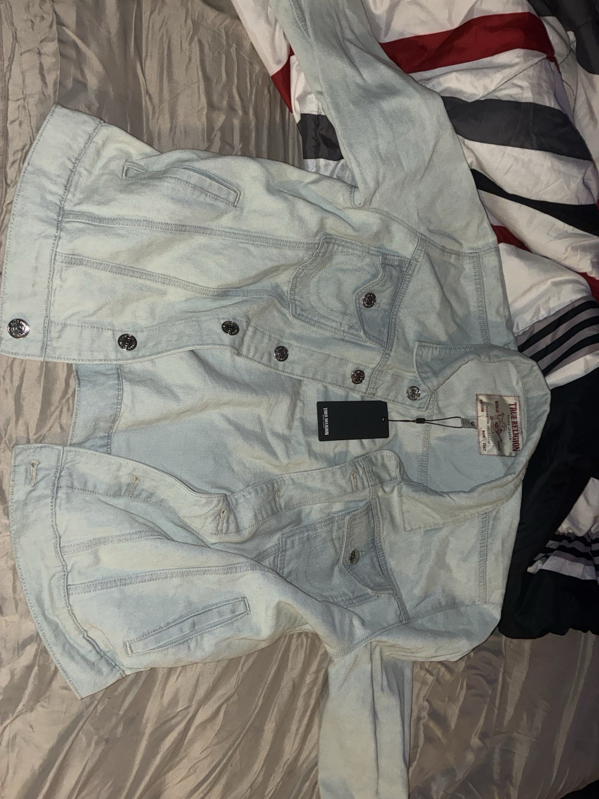 True Religion Women’s Light Blue Slim Fit Short Button Front Jacket Pockets L