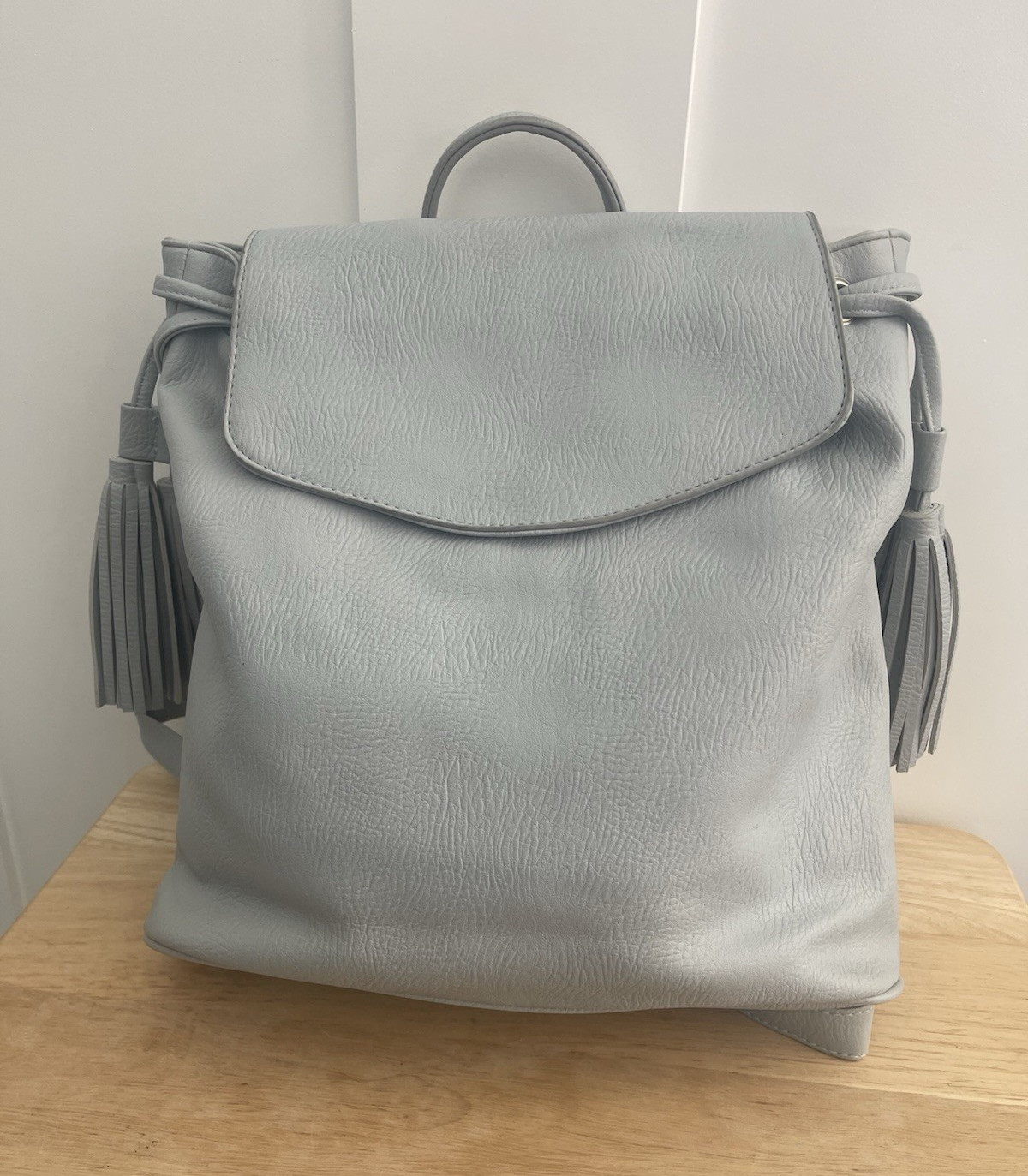 Gray Pebbled Backpack Purse Drawstring Tassel Top Handle Adjustable Strap