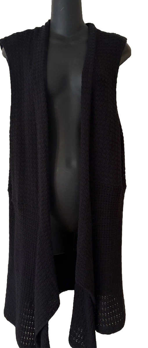 RXB Womens Large Black Open Knit Duster Vest Longline Open Front Boho Layering