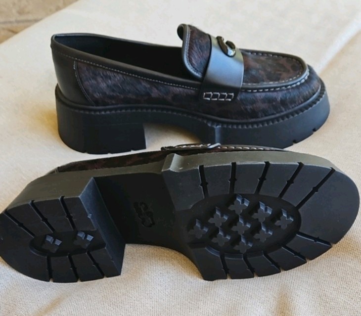 COACH Leah Chunky Platform Loafer Calf-hair Brown & Black Leopard Print Size 7.5