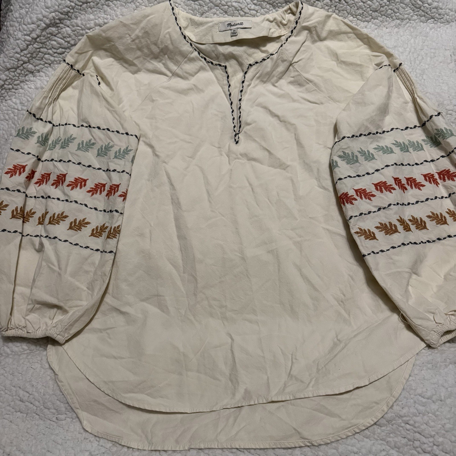 Madewell Ivory Multicolor Embroidered Peasant Blouse V-Neck Balloon 3/4 XS