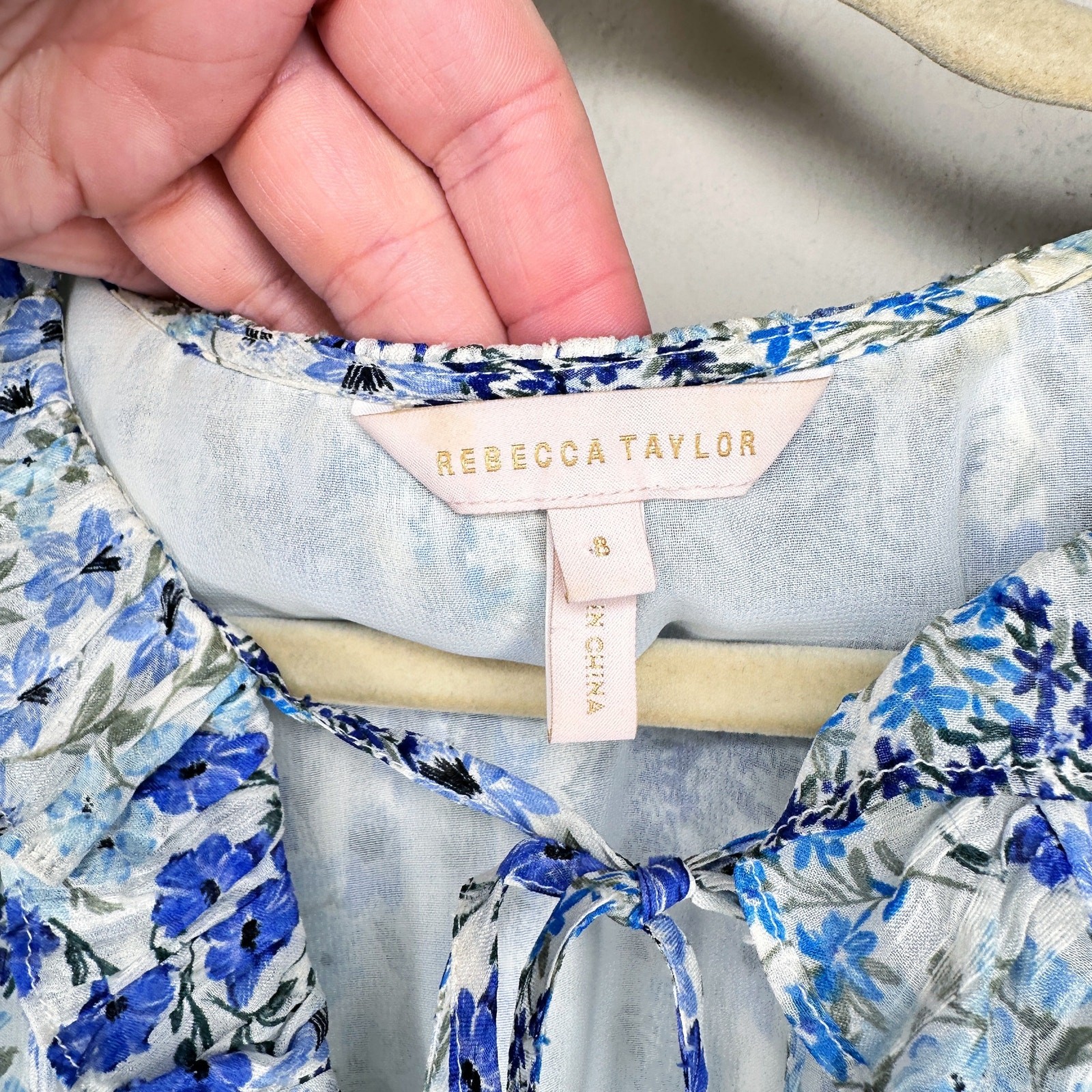 Rebecca Taylor Ava Sleeveless Floral Blue Silk Blend Tie V Neck Blouse Top 8