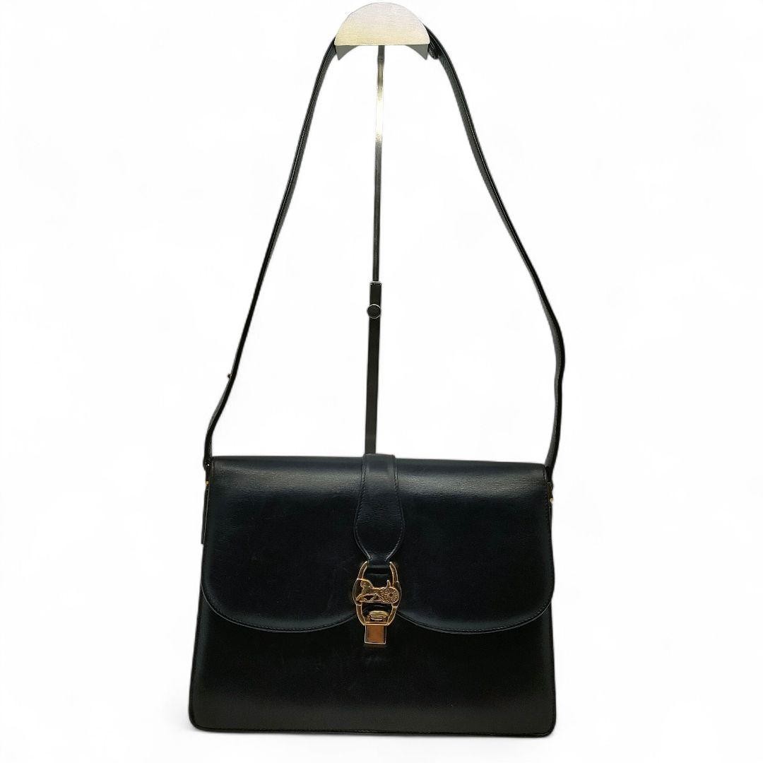 CELINE Black Leather Horse Carriage Shoulder Bag Gold Hardware Auth