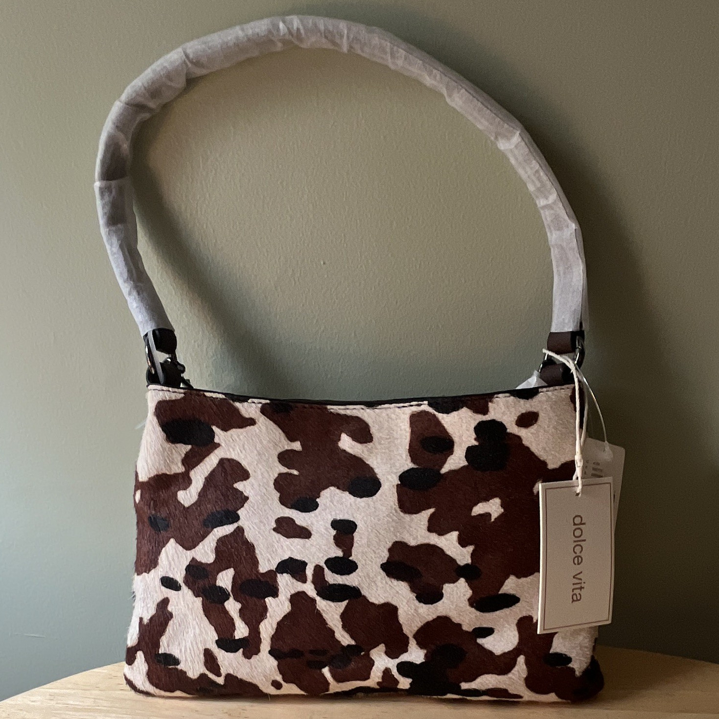 Dolce Vita Cow Print Animal Top Handle Bag, Zip Closure, Brown White Black