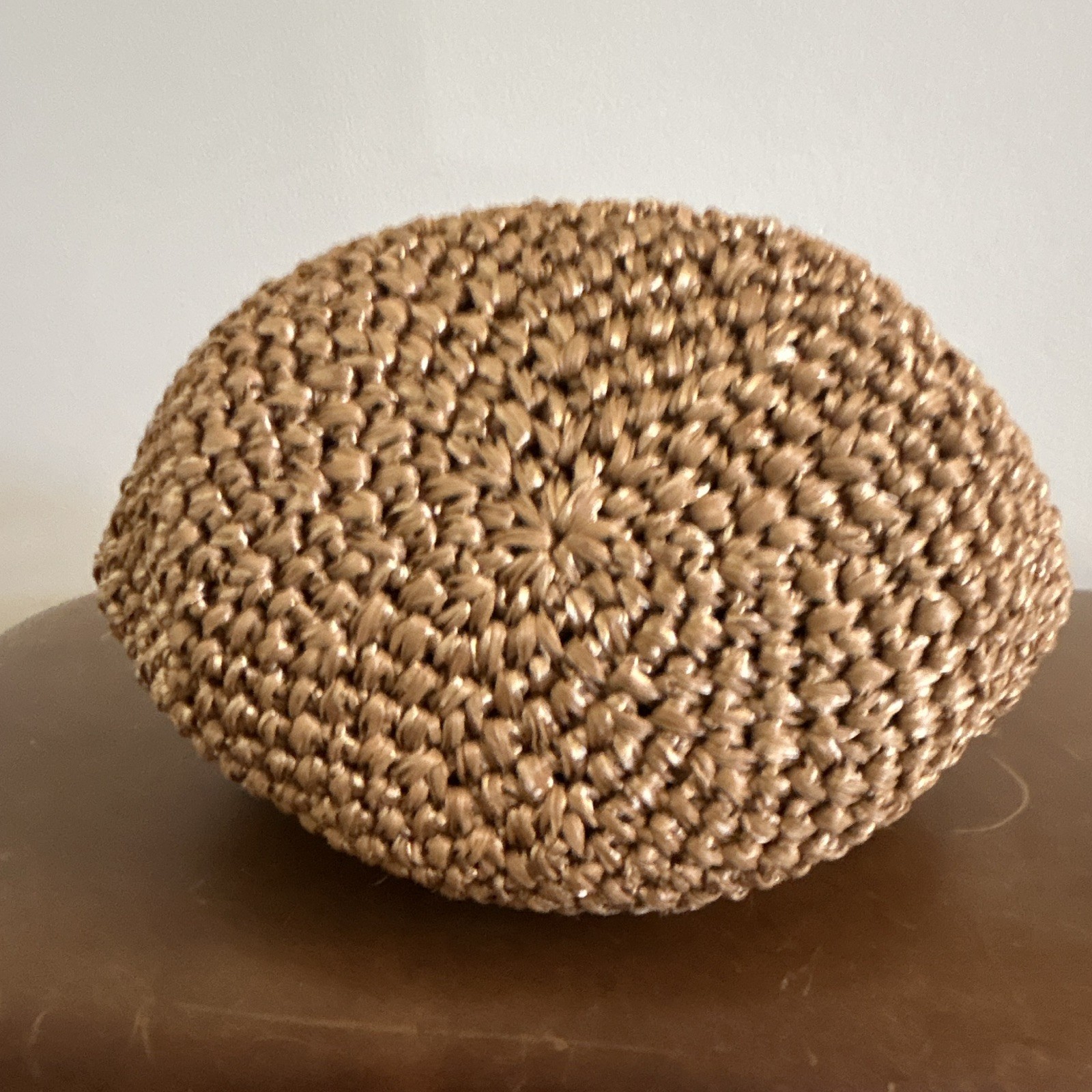 MM Crochet straw bag/purse beige with gold trim rose lining vintage