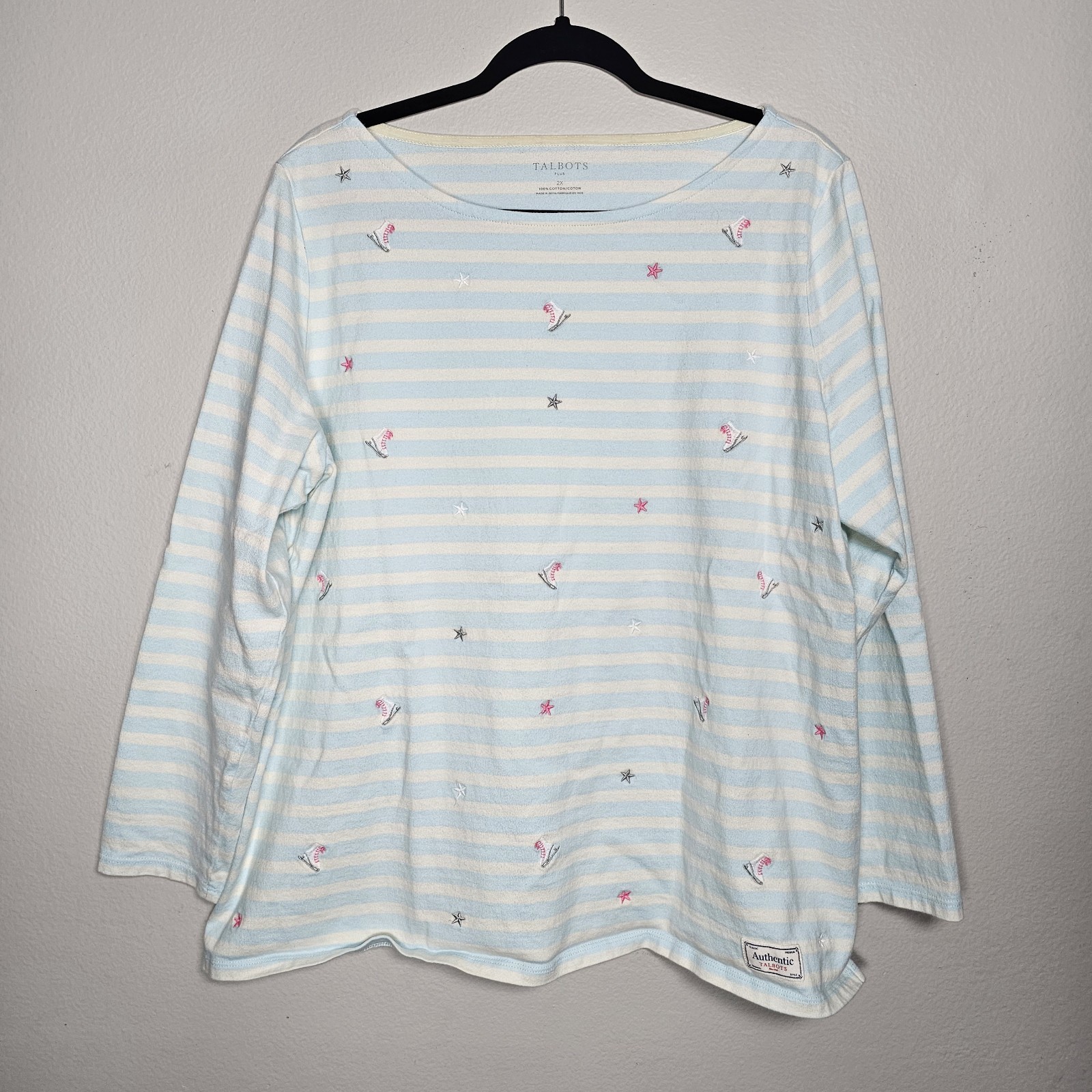 Talbots Womens 2X Ice Skating Embroidered Blue White Striped Shirt Novelty Top