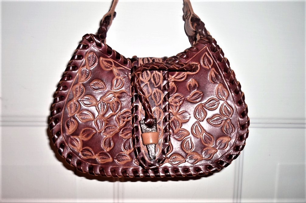 Child’s Leather Tooled Handbag Purse – 6″ wide x 3-3/4″ tall Whip Stitch Boho