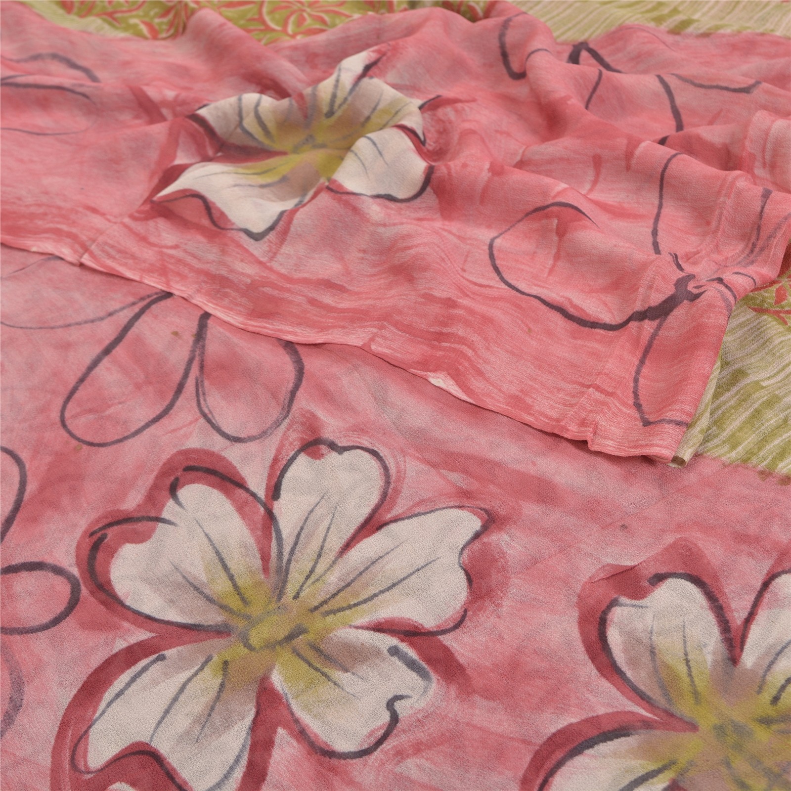 Sanskriti Vintage Indian Sarees Blend Georgette Printed Fabric Craft 5 Yard Sari