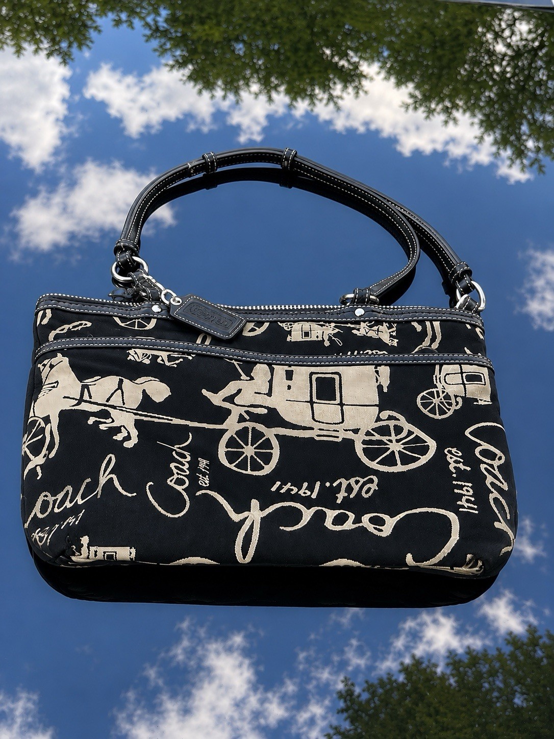 Coach Black Beige Horse & Carriage Shoulder Bag Zip Top Pink Lining Small
