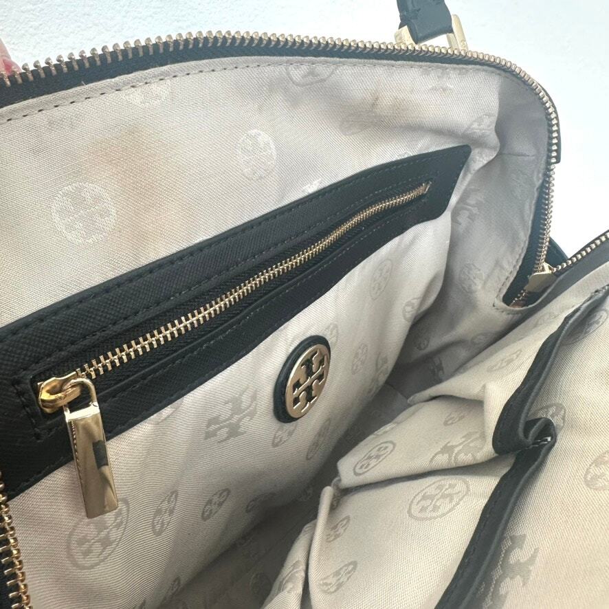 Tory Burch Robinson Black Leather Satchel Bag Gold Hardware Classic Tote