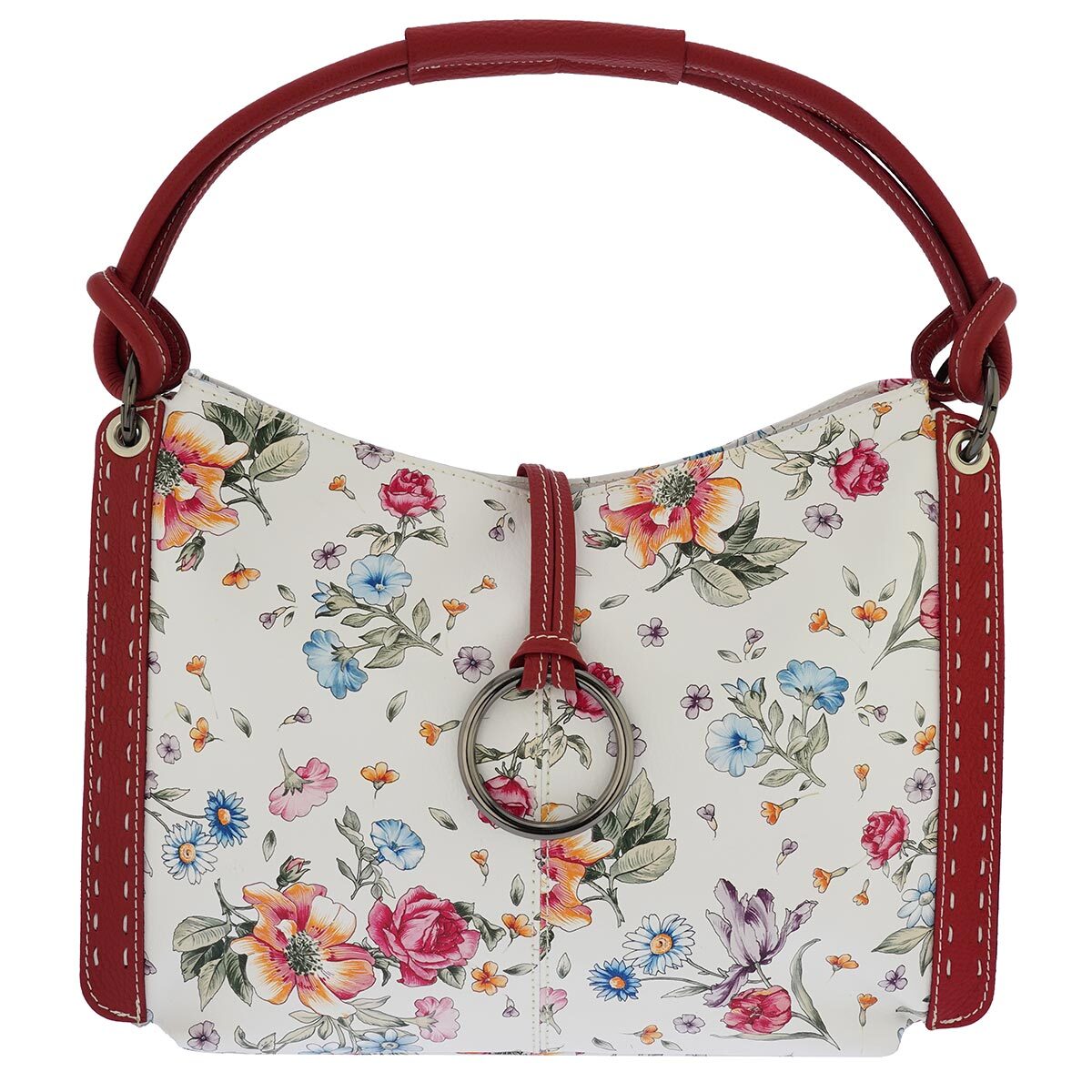 Fioretta Italian Genuine Leather Flower Pattern Zippered Top Tote Shoulder Bag H