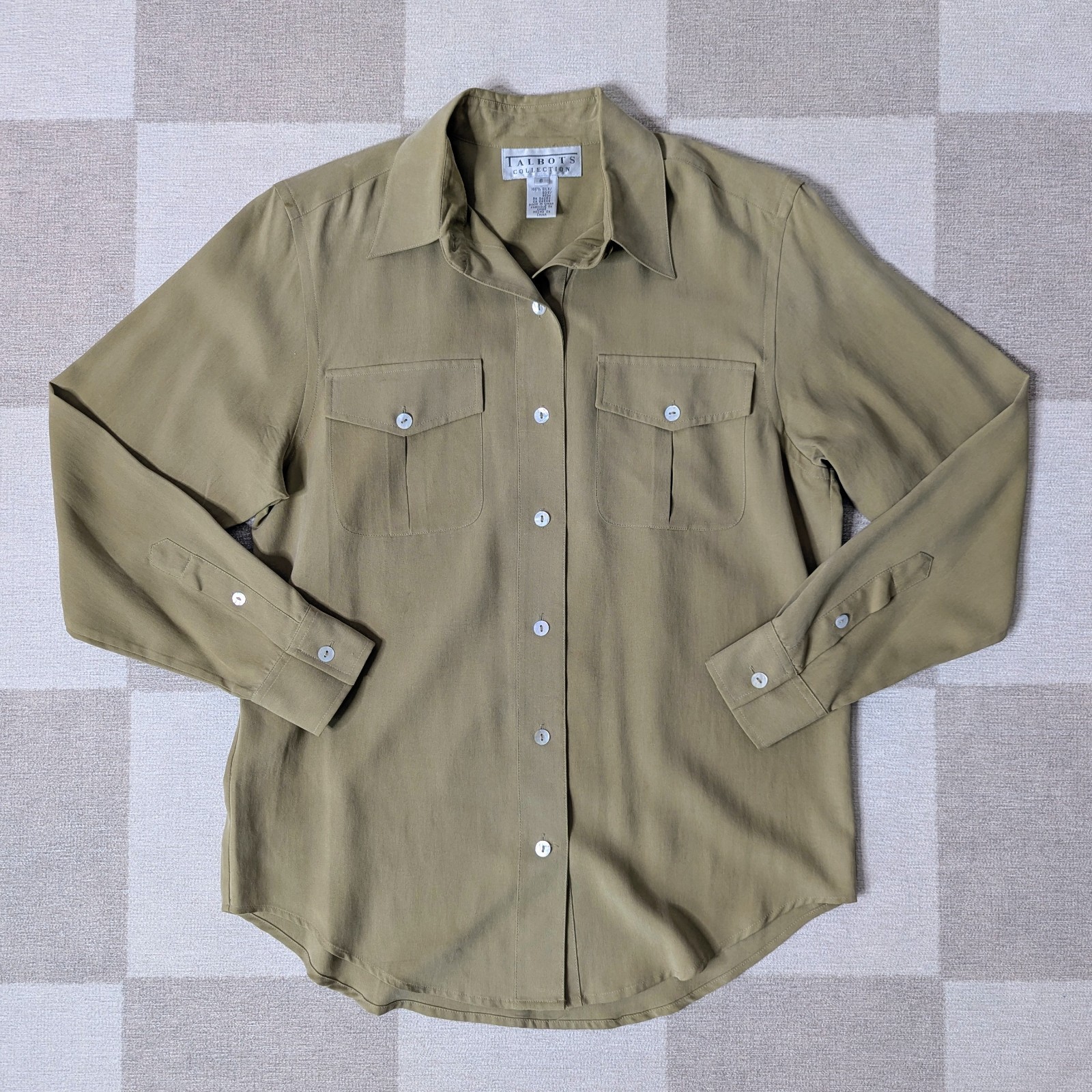 Vintage 90s Talbots 100% Matte Silk Olive Safari Green Button Up Blouse Size 6